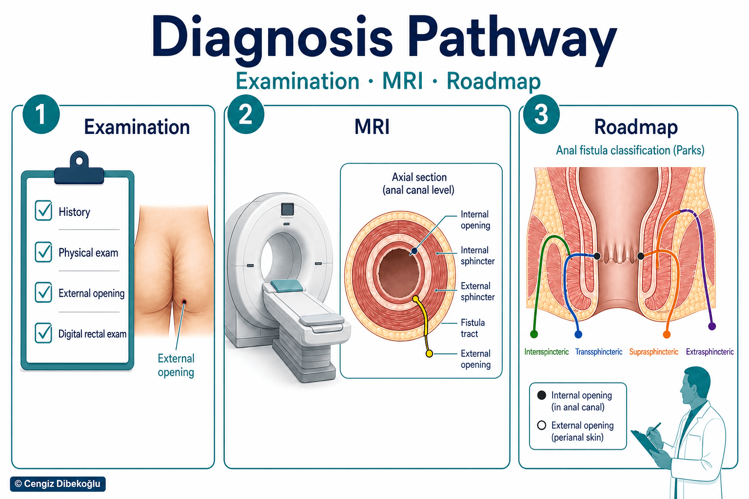 Anal fistula diagnosis pathway — educational figure