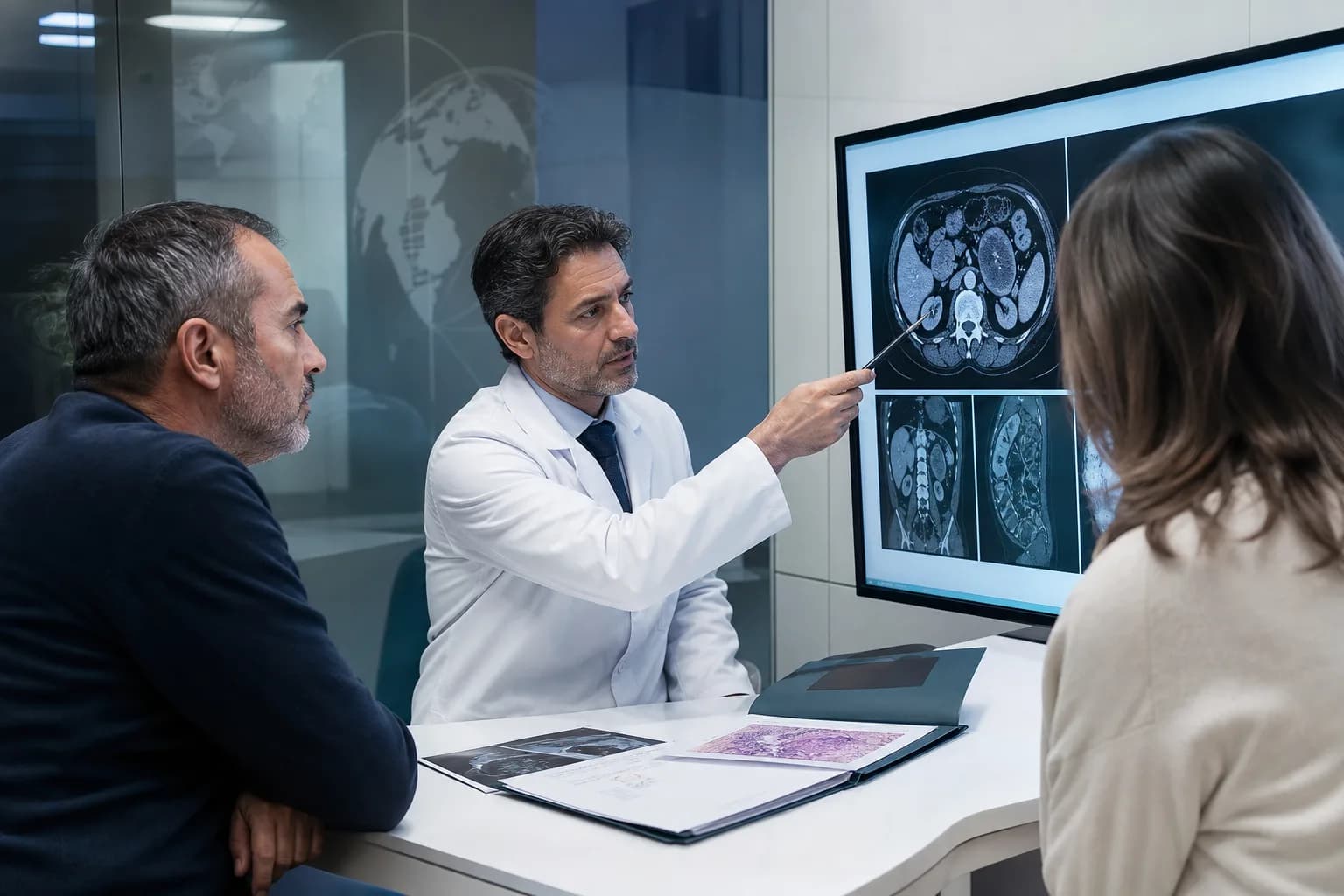 Surgeon reviewing imaging and pathology reports for an international patient evaluation