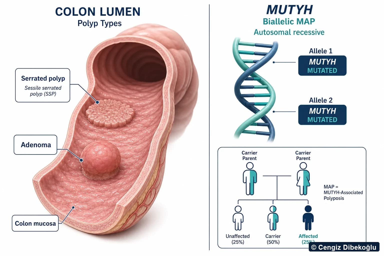 3D diagram: serrated polyps and MUTYH biallelic (MAP) genetics