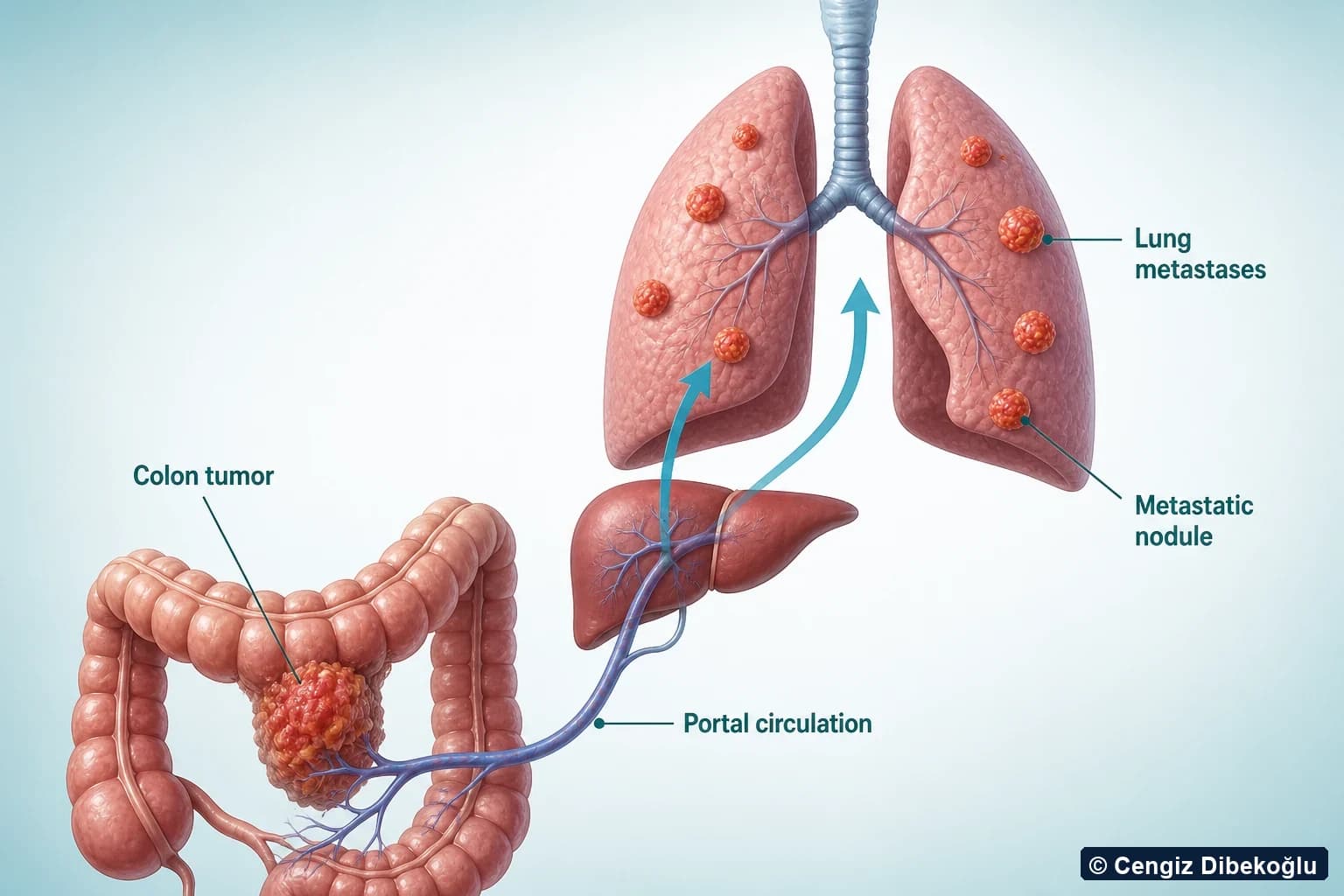 3D diagram: colon tumor spread via portal circulation to lung metastases