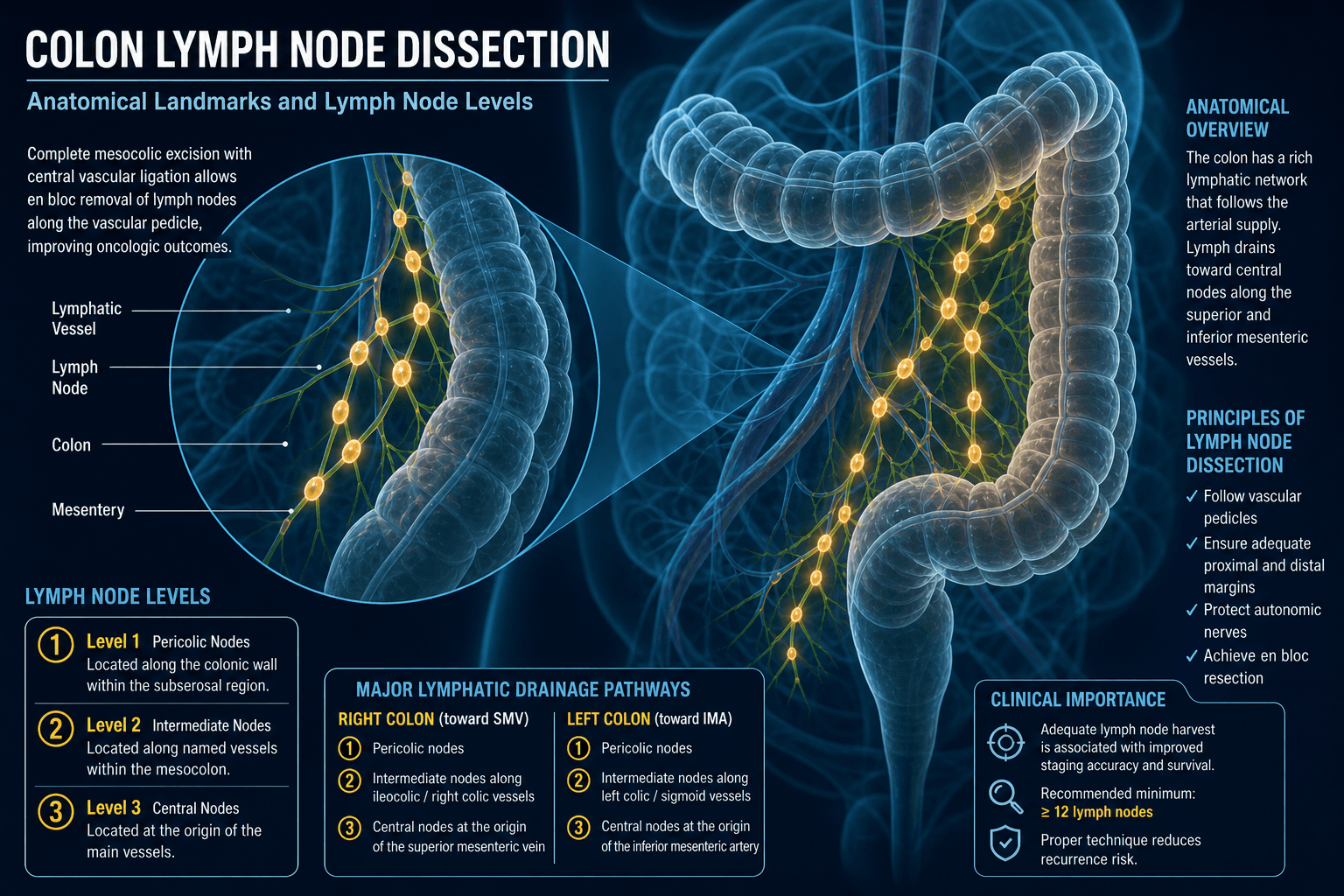 Lymph-node clearance in colon cancer surgery — educational figure