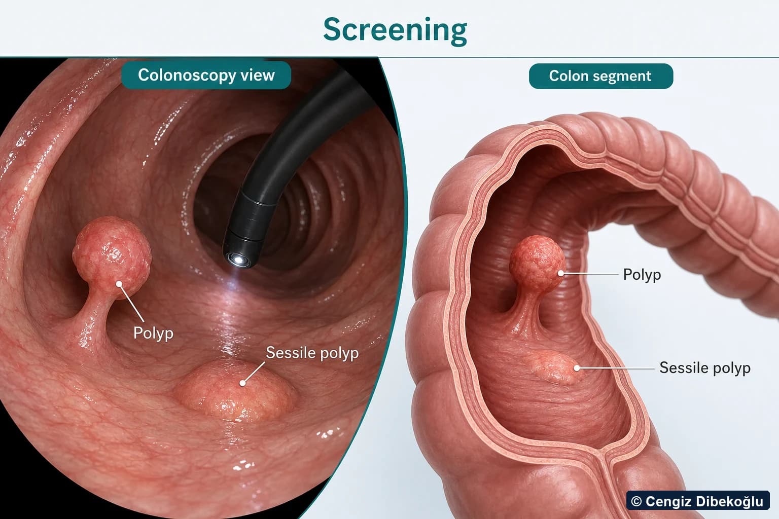 3D diagram: colonoscopy view and colon segment with polyps