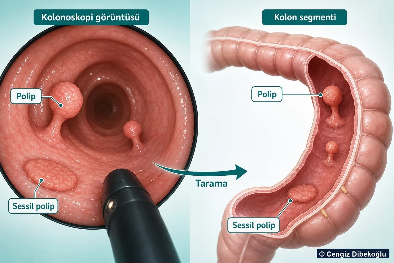 3D şema: kolonoskopi görüntüsü ve polipli kolon segmenti
