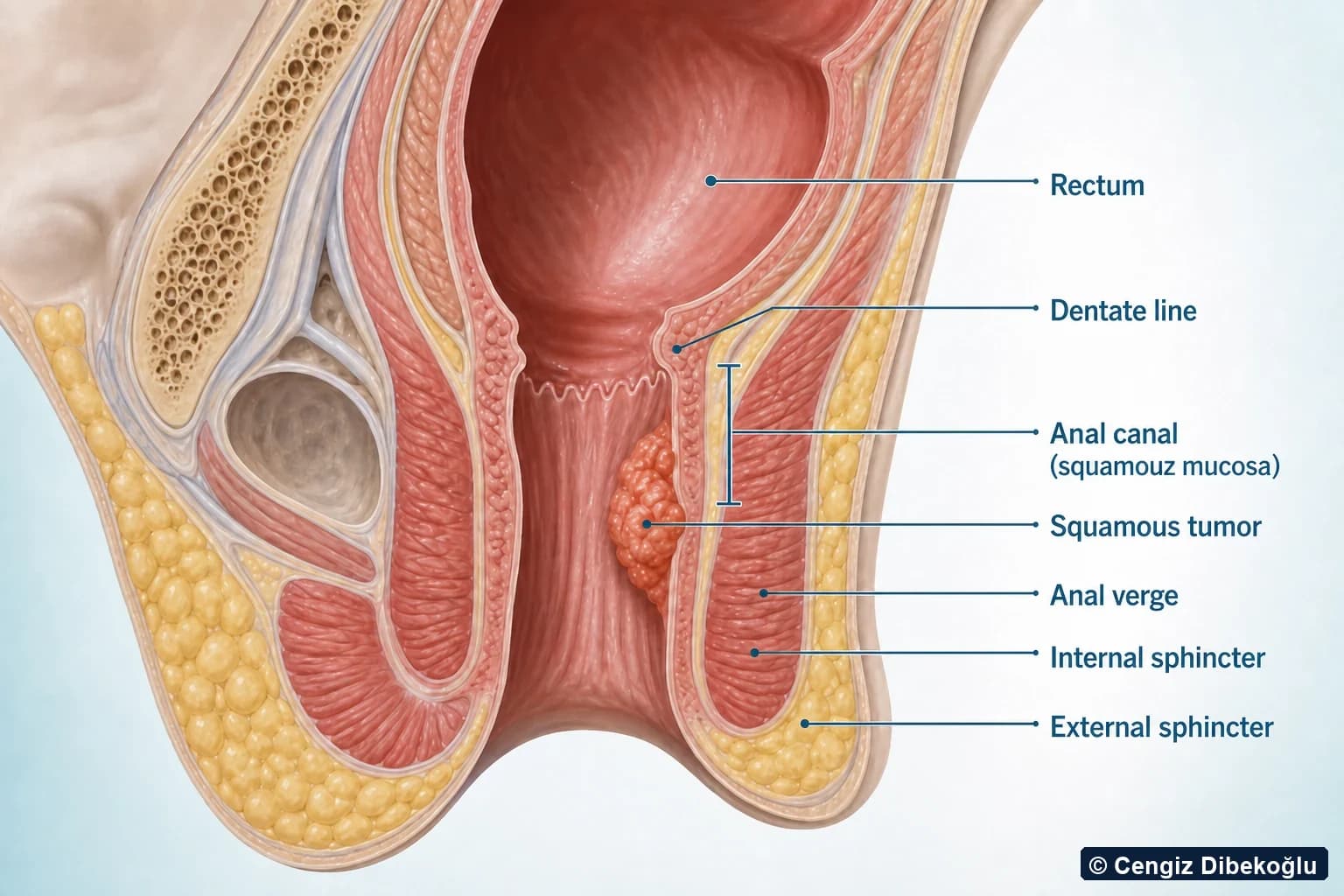3D diagram: dentate line, anal canal squamous mucosa, and squamous tumor