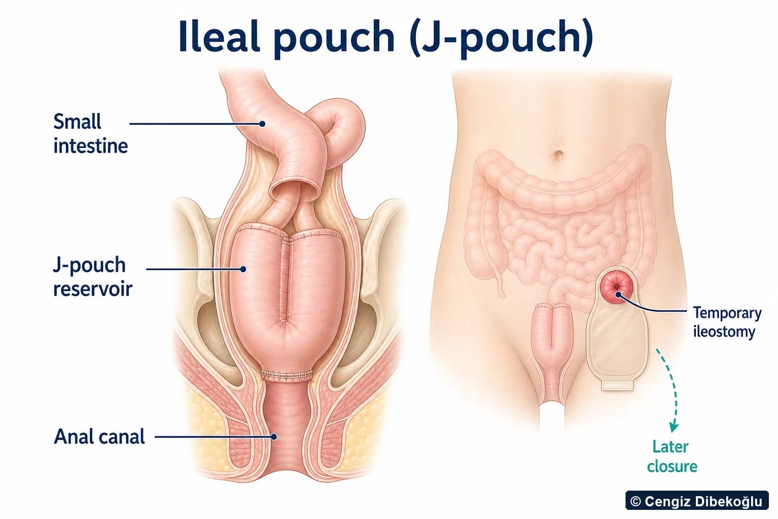3D diagram: J-pouch from small bowel, anal anastomosis, and temporary ileostomy