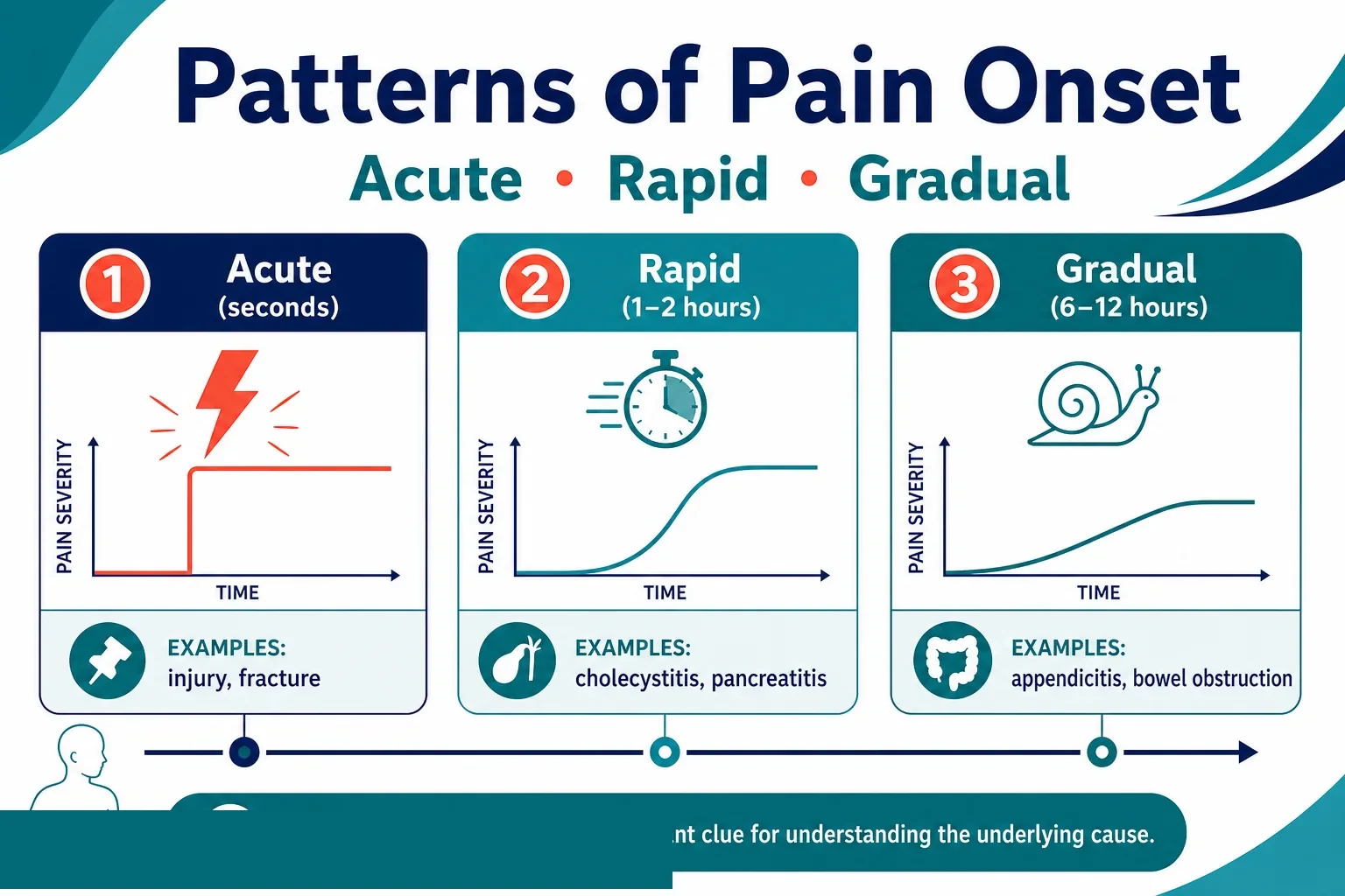 3D diagram: Onset — onset patterns of acute abdomen