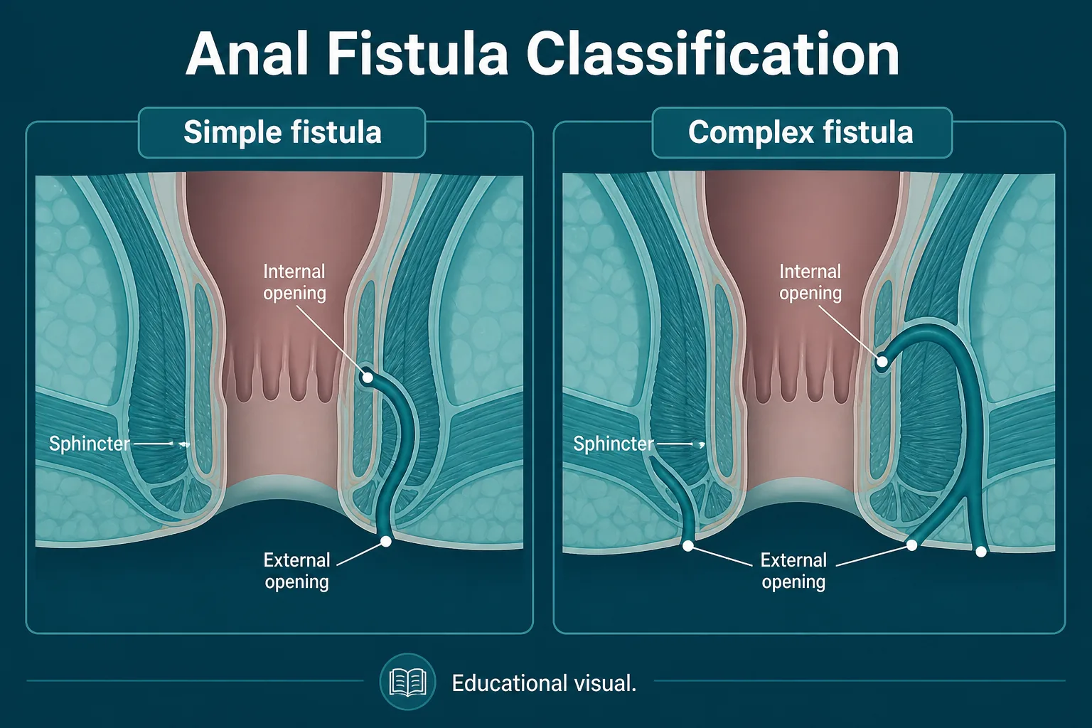 3D diagram: Classification — simple vs complex fistula