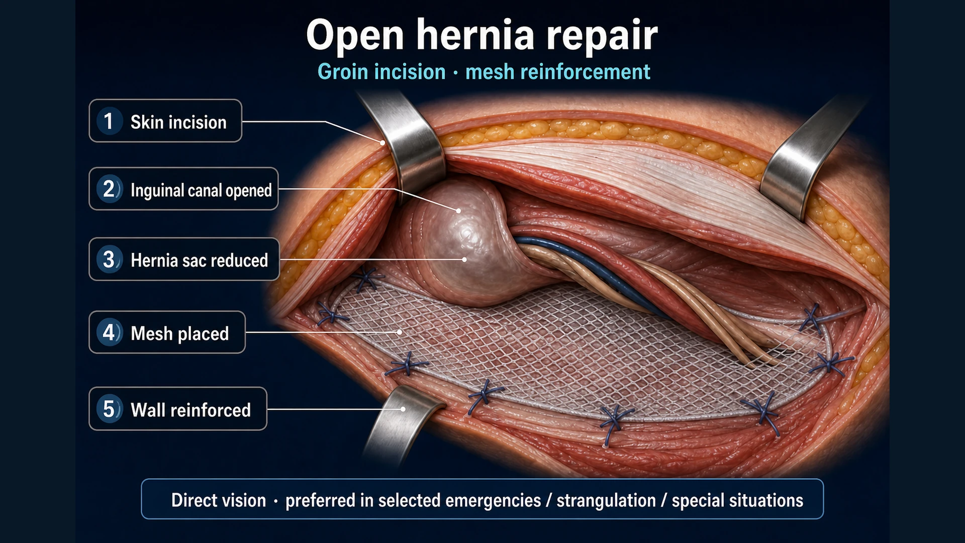 3D diagram: open inguinal hernia repair with mesh through a groin incision