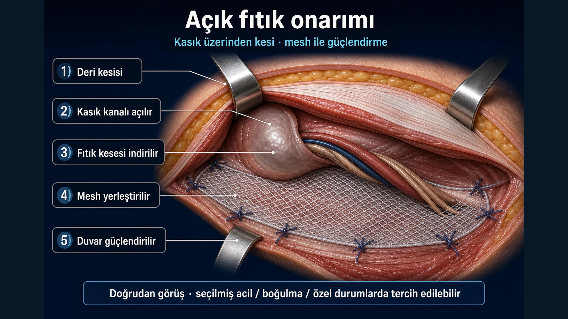 3D eğitim şeması: açık kasık fıtığı onarımı — deri kesisi, fıtık kesesi indirilmesi ve mesh ile duvar güçlendirme