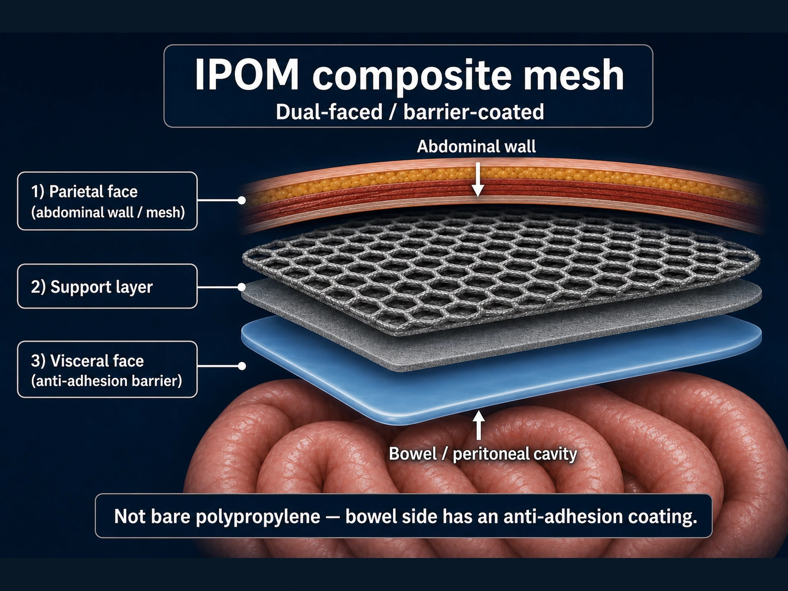 IPOM composite mesh cross-section: parietal wall face, support layer, and visceral anti-adhesion barrier