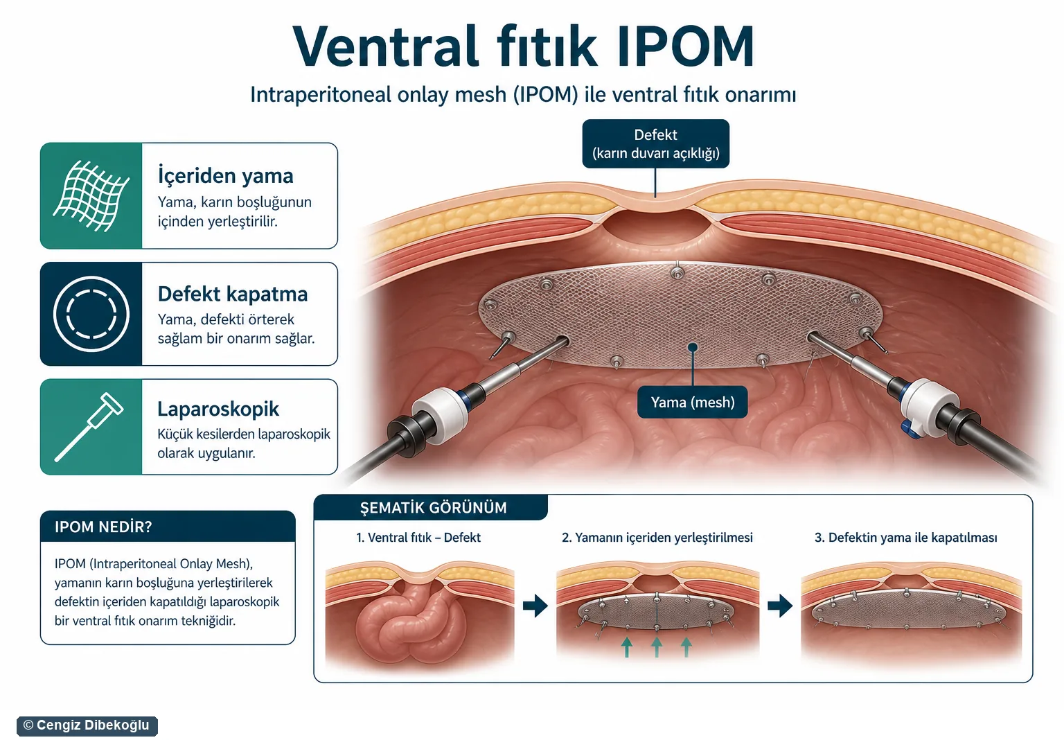 3D eğitim şeması: ventral fıtıkta laparoskopik IPOM — karın içinden mesh ile ön duvar onarımı