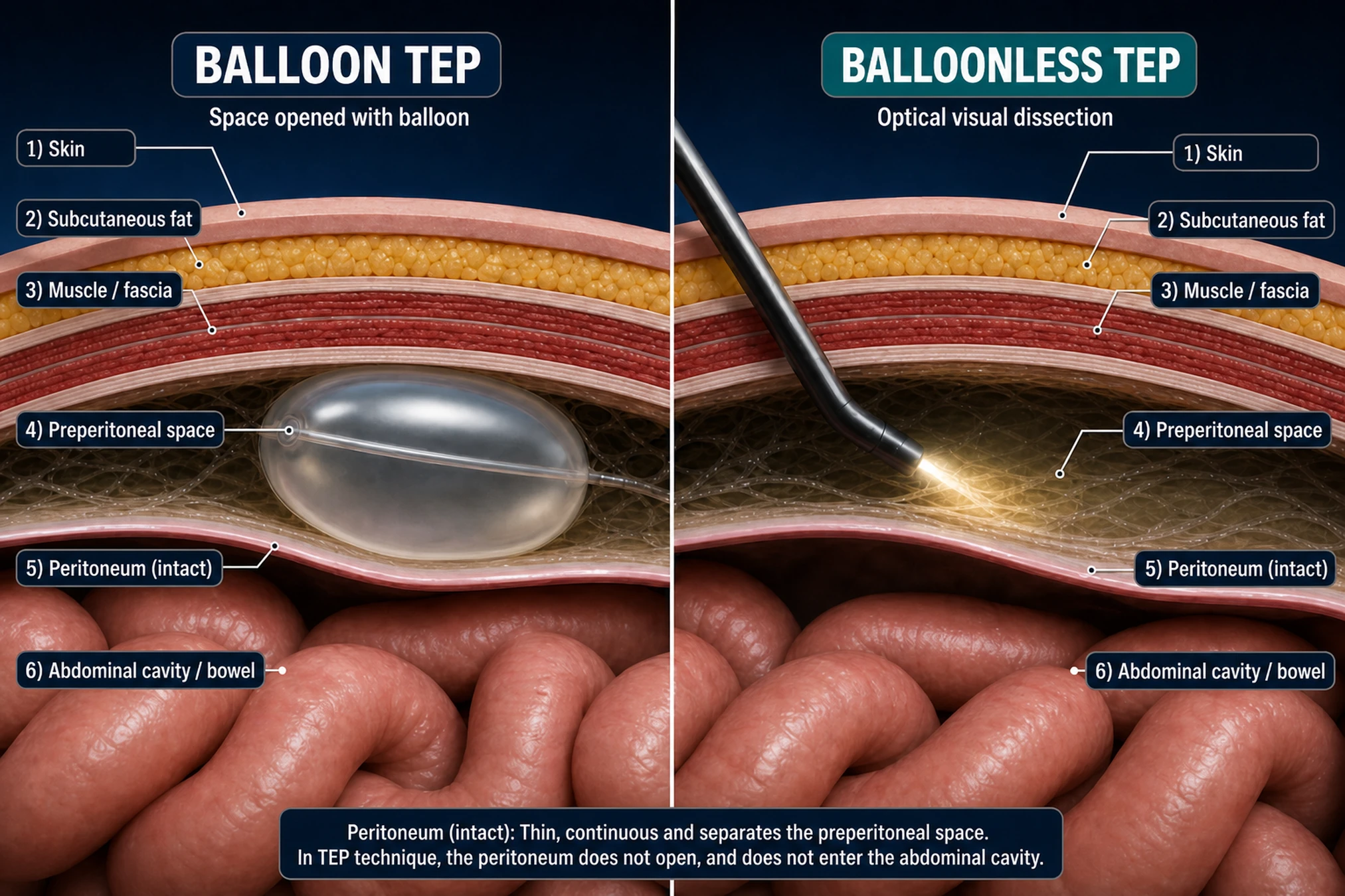 3D diagram: balloon vs balloonless TEP with abdominal-wall layers and intact peritoneum