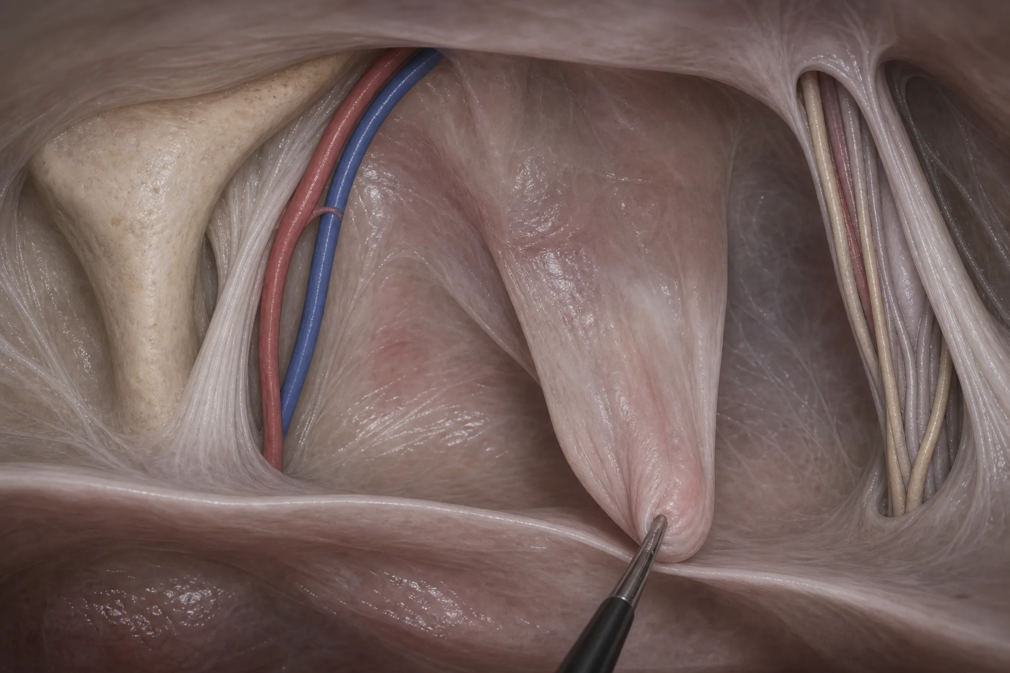 3D diagram: Balloonless TEP — mesh between muscle and intact peritoneum