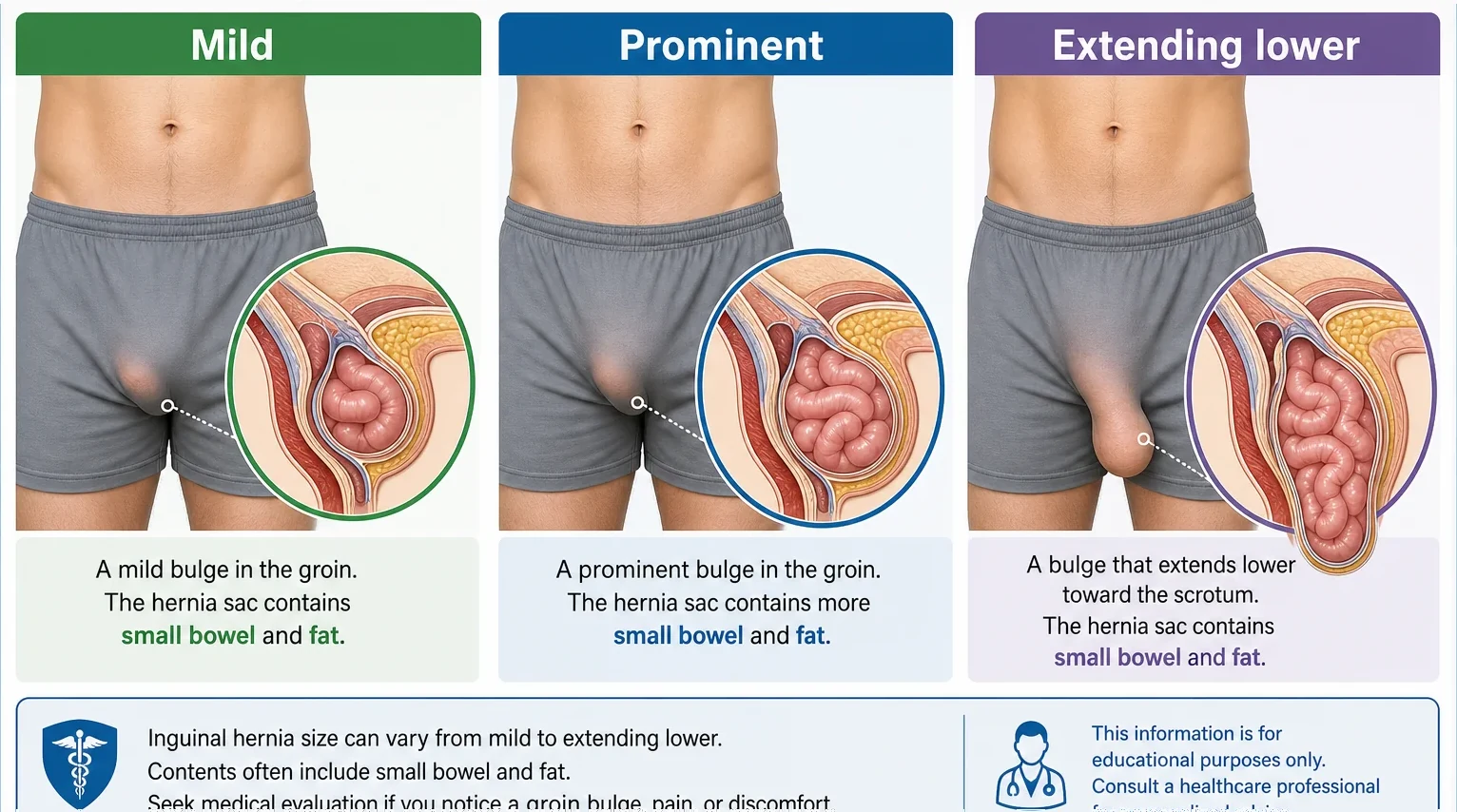 3D diagram: inguinal hernia bulge size — mild, prominent, and extending lower