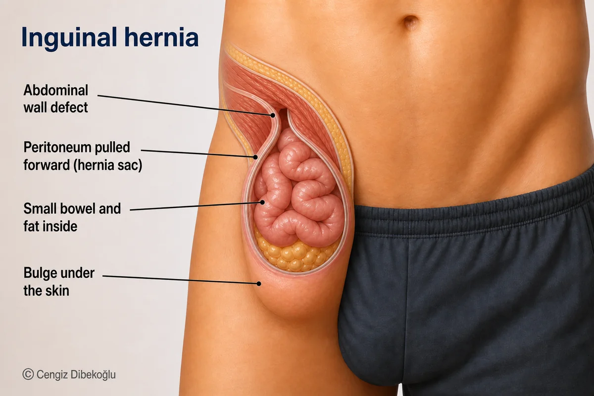 3D diagram: inguinal hernia — wall defect, peritoneum pulled forward as sac with small bowel and fat inside
