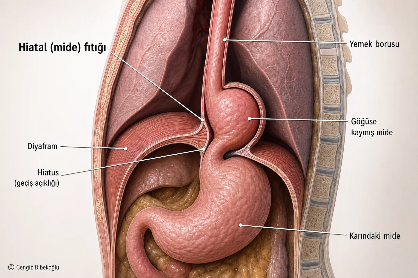 3D eğitim şeması: hiatal (mide) fıtığı — midenin bir kısmı diyafram hiatusundan göğüs boşluğuna kaymış