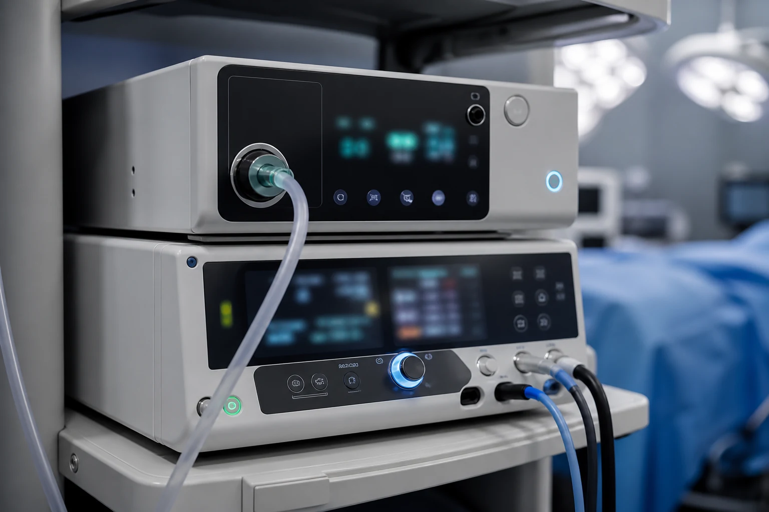 Hiperrealistik görsel: CO₂ insüflatör ve enerji jeneratörü — kapalı cerrahi ekipmanı