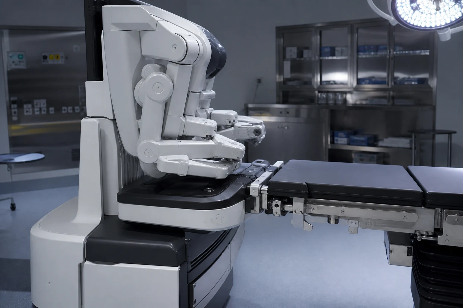 Hiperrealistik görsel: robotik sistemin ameliyathane masasına docking (yerleştirme) aşaması