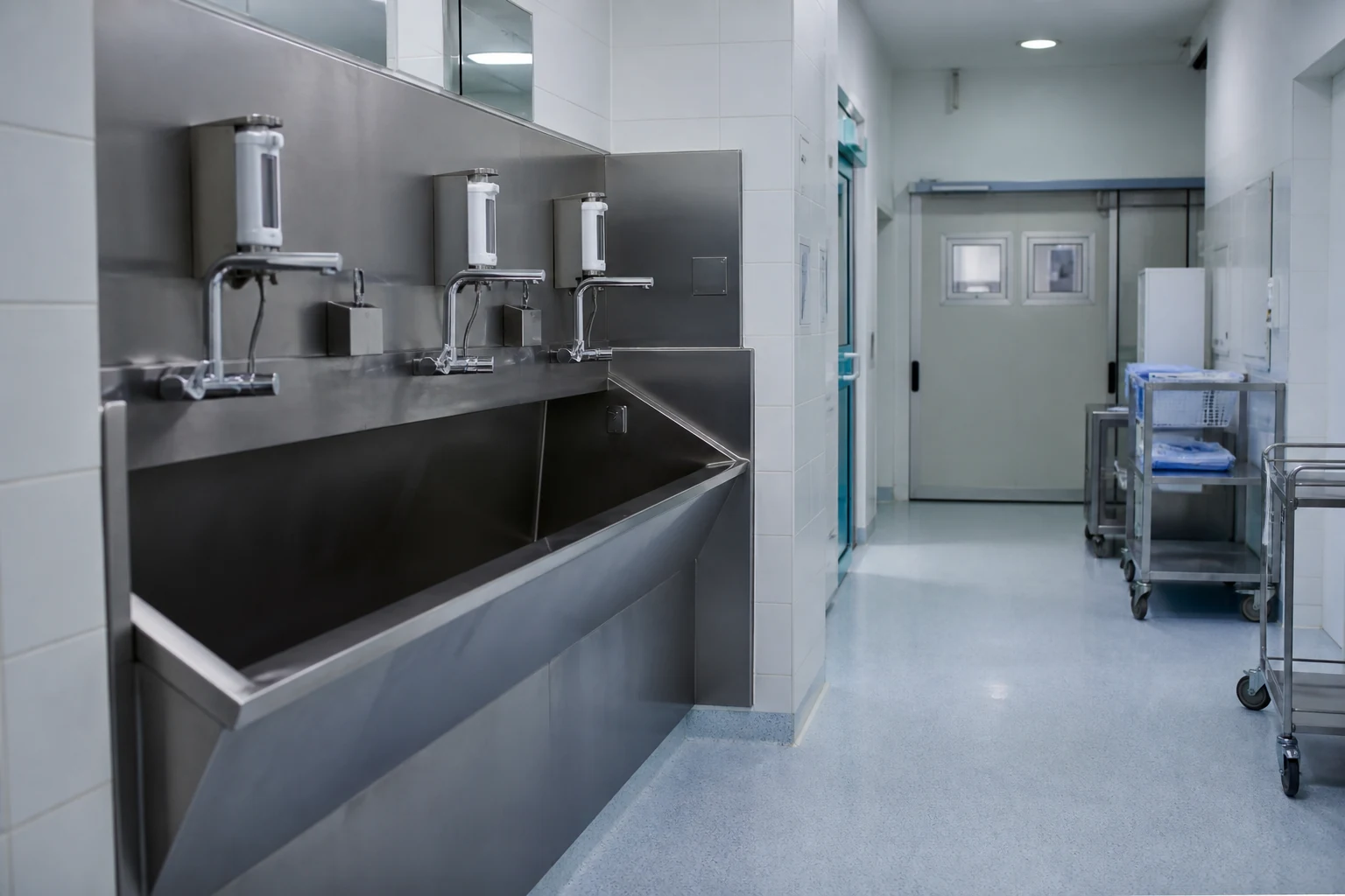 Hiperrealistik görsel: ameliyathane öncesi cerrahi el yıkama lavabosu (scrub)