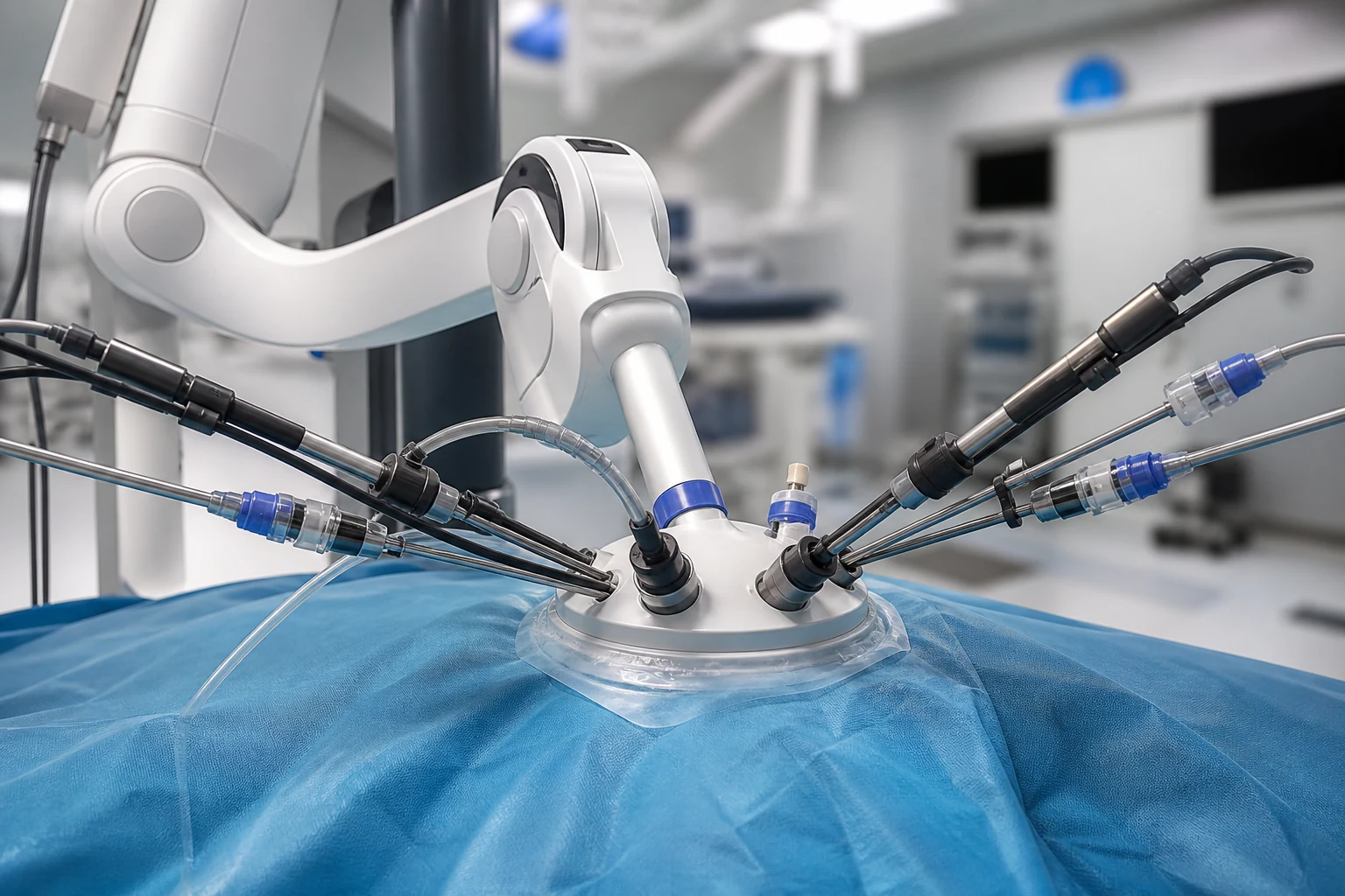 Hiperrealistik görsel: single-port (tek kesiden) robotik cerrahi giriş platformu