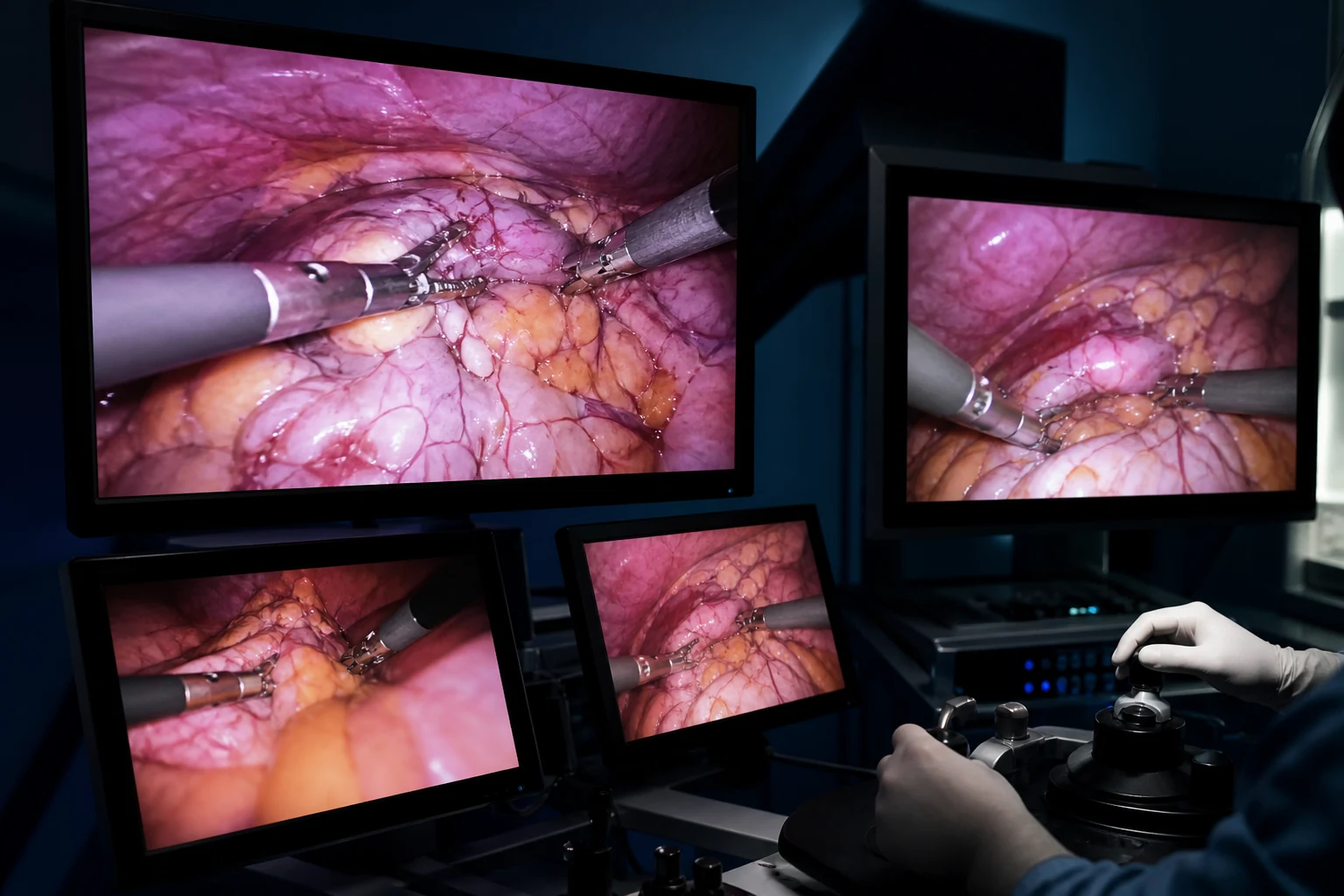 Hiperrealistik görsel: ameliyathanede büyütmeli 3D cerrahi monitör görüntüsü