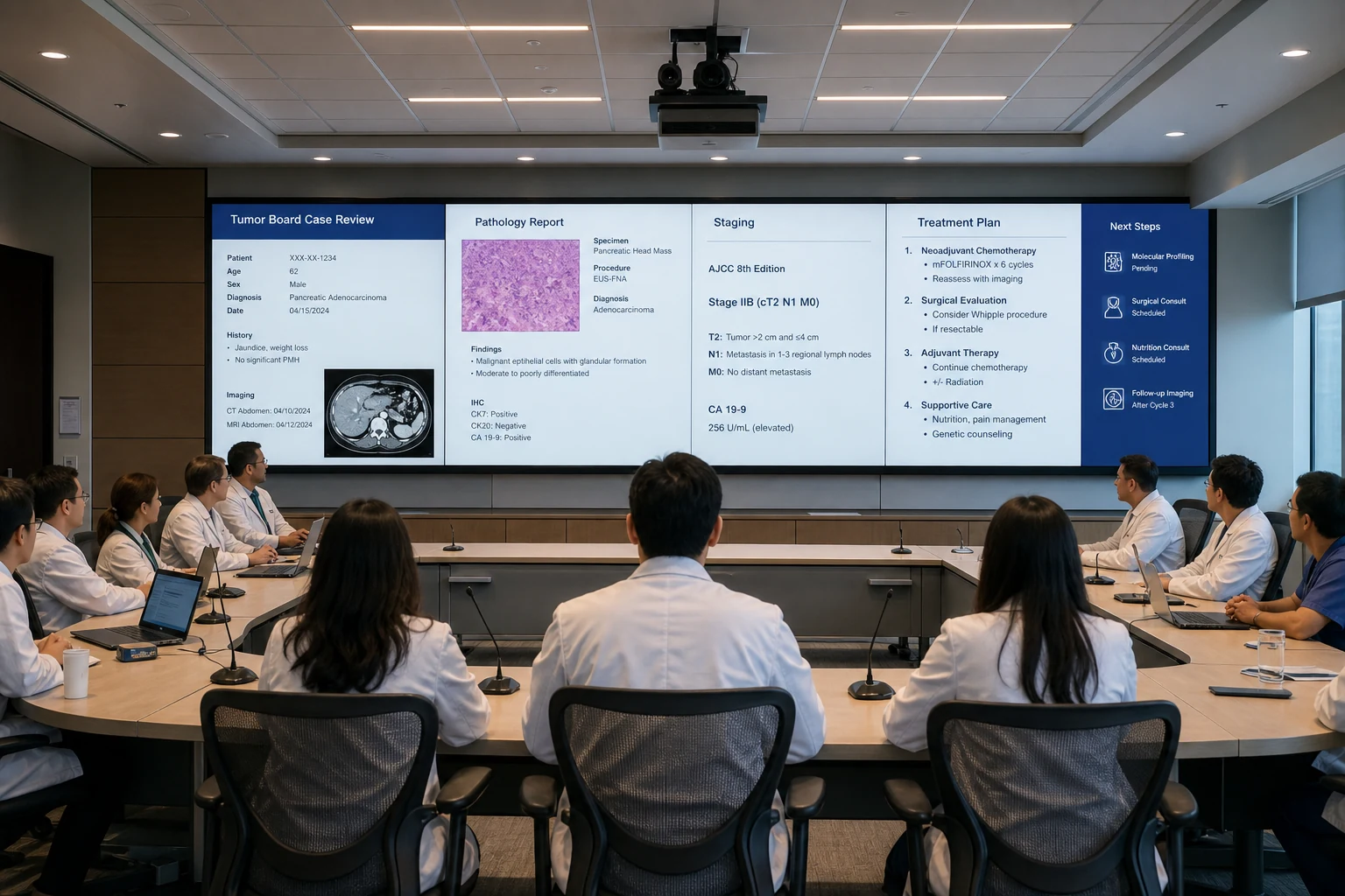 Hyperrealistic illustration: tumor board room with wall displays showing pathology, staging and treatment plan text slides in English