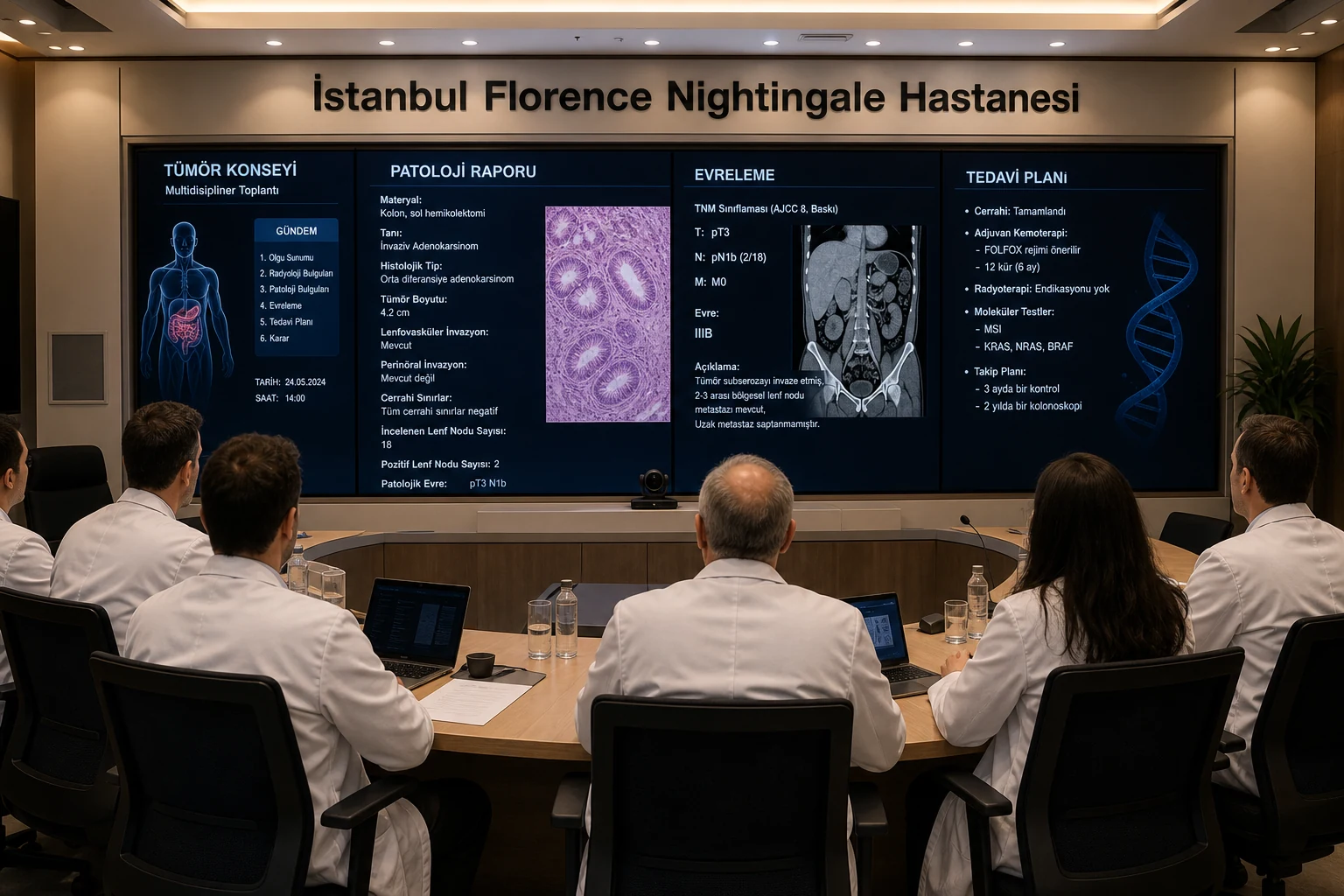 Hiperrealistik görsel: tümör konseyi odasında duvarda Türkçe patoloji, evreleme ve tedavi planı metinleri içeren sunum ekranları