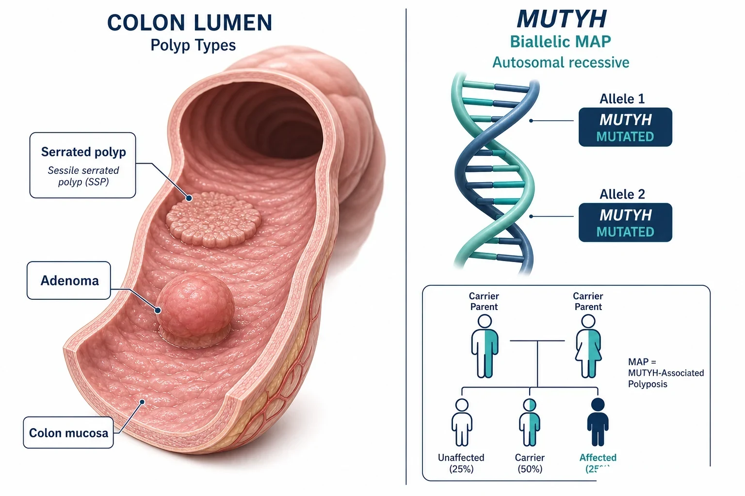 3D diagram: serrated polyps and MUTYH biallelic (MAP) genetics