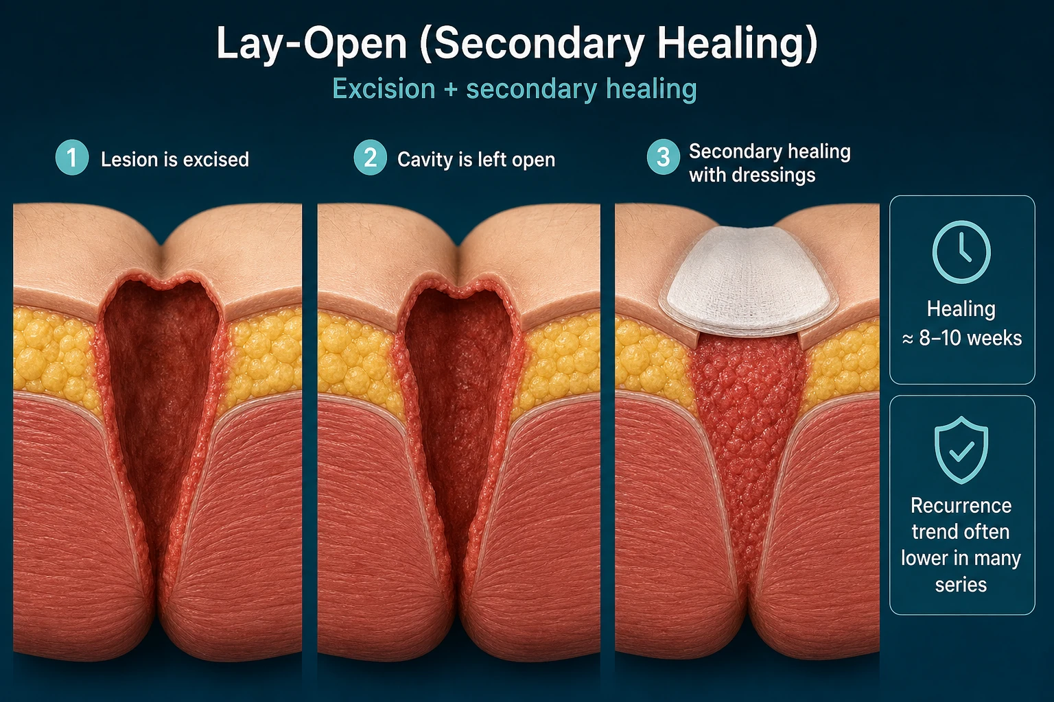 3D diagram: Lay-open with secondary healing for pilonidal disease