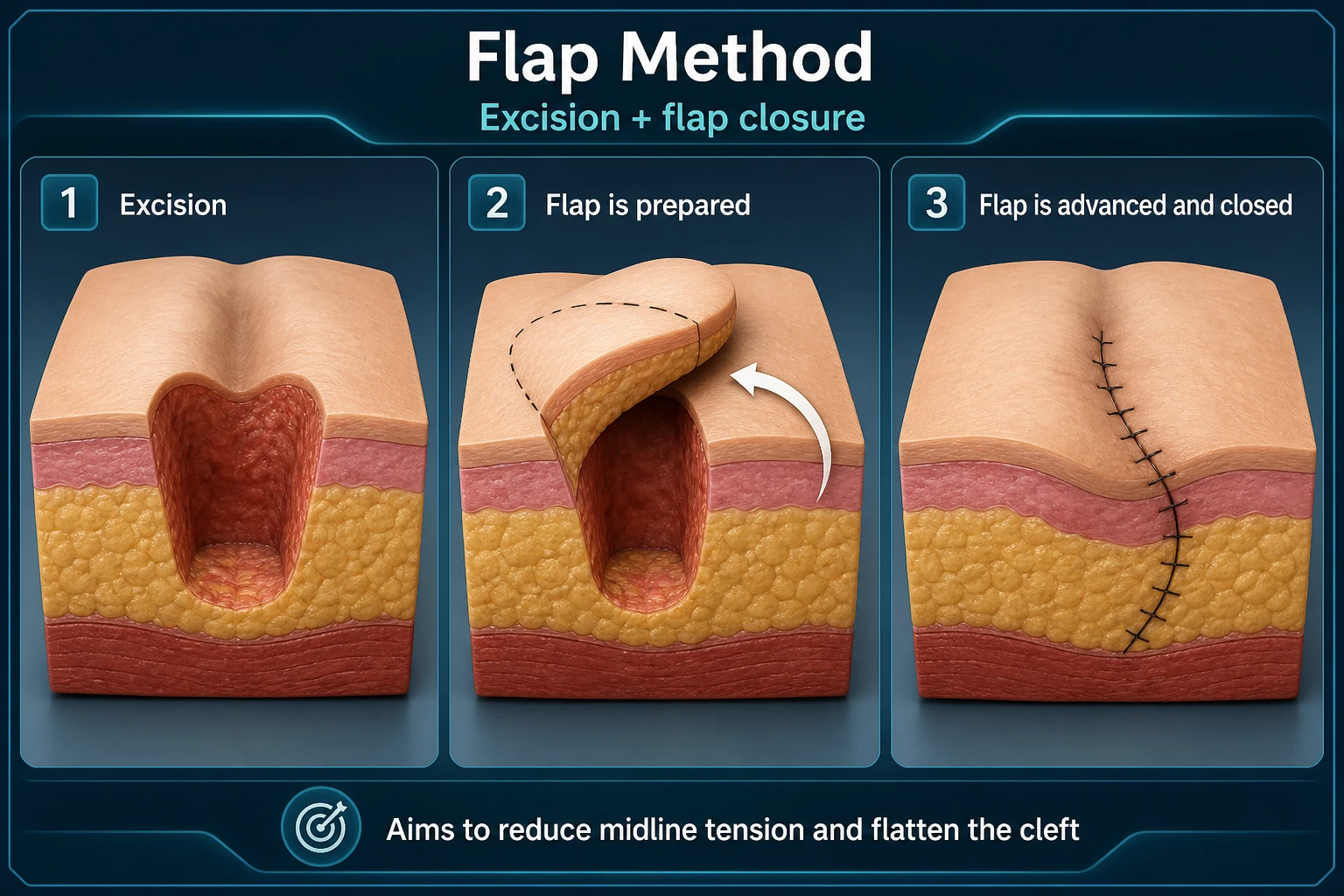 3D diagram: Flap options — flap repair for pilonidal disease