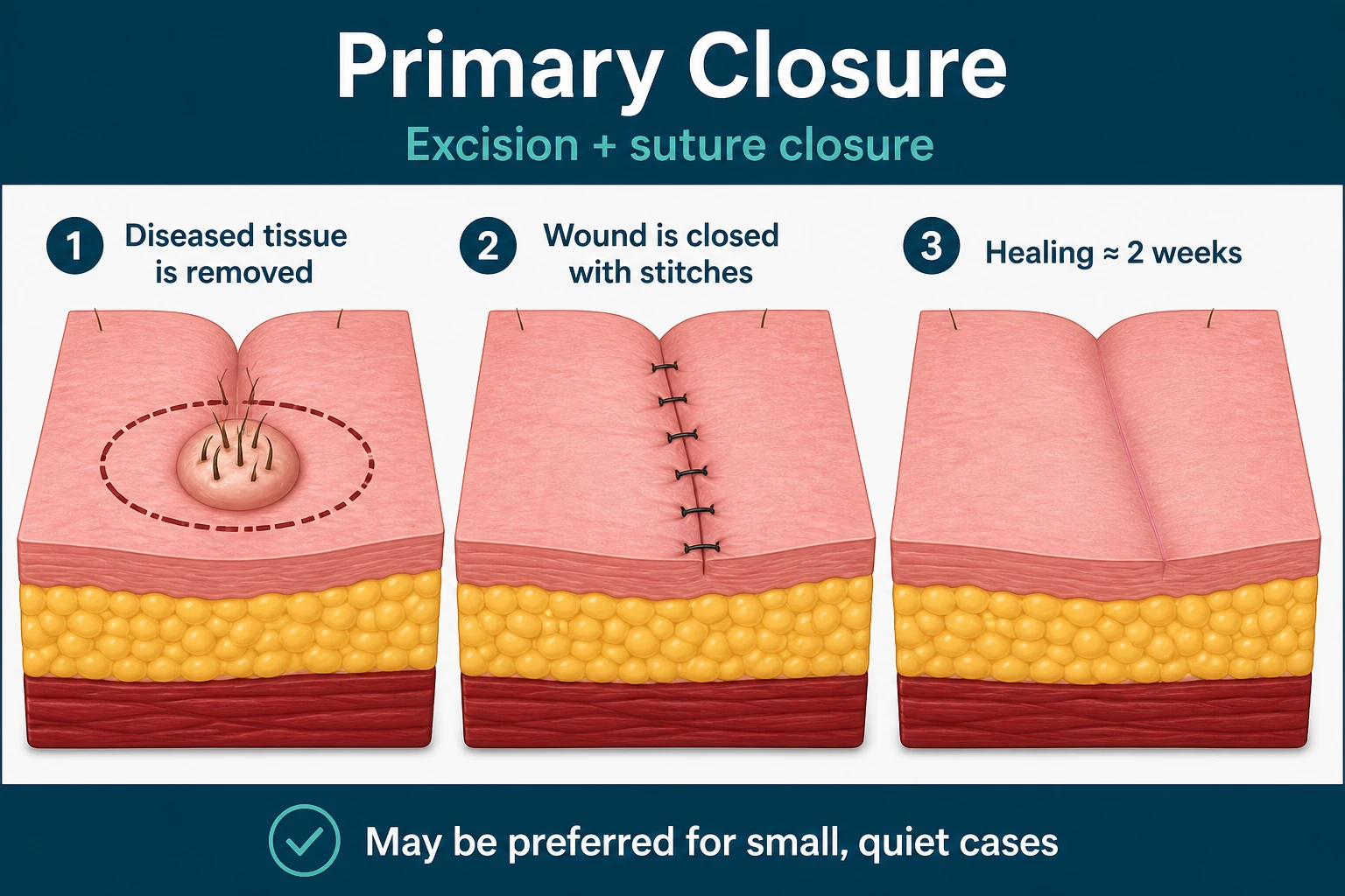 3D diagram: Primary closure — primary closure for pilonidal disease