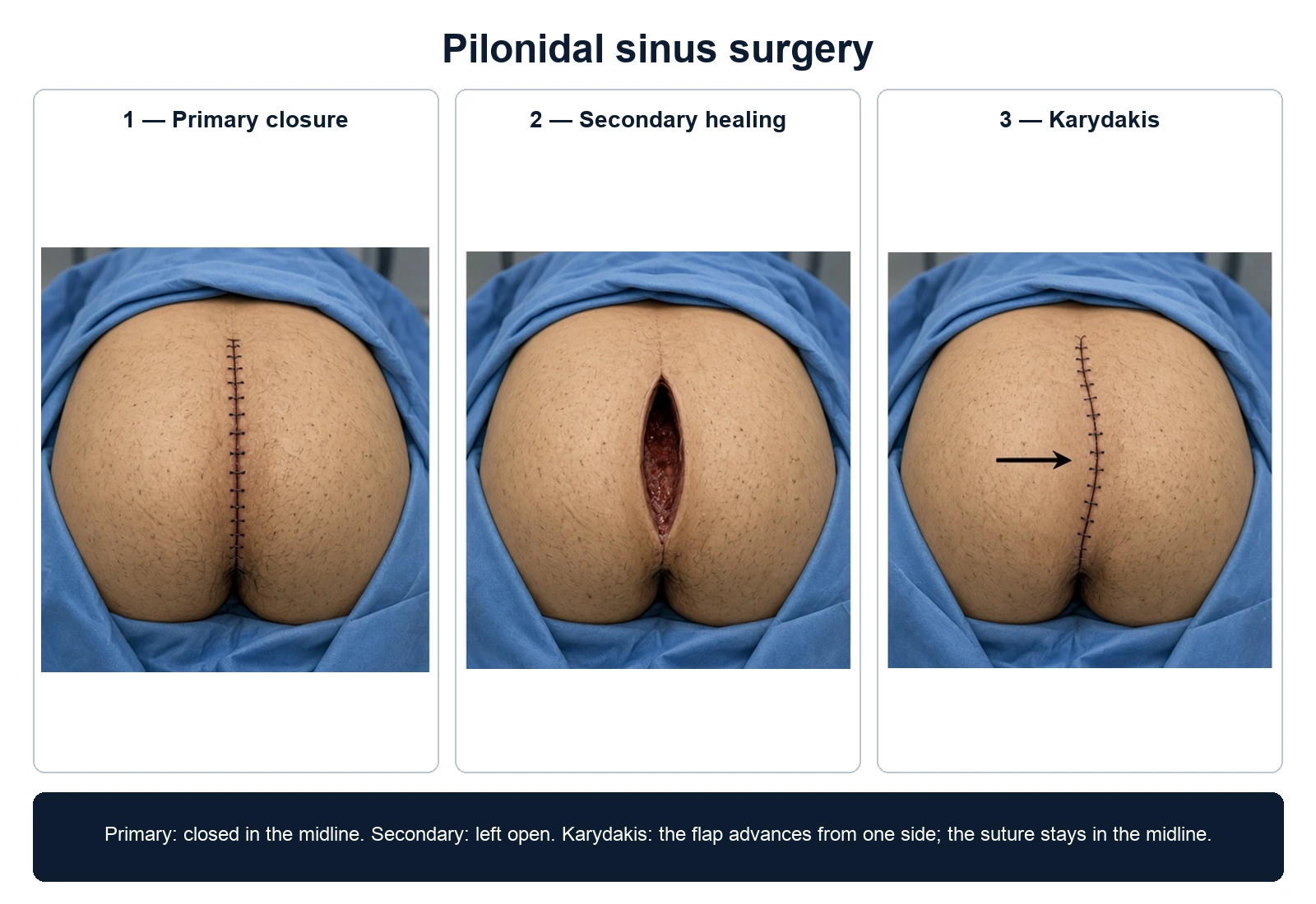 3D diagram: Treatment — pilonidal treatment options