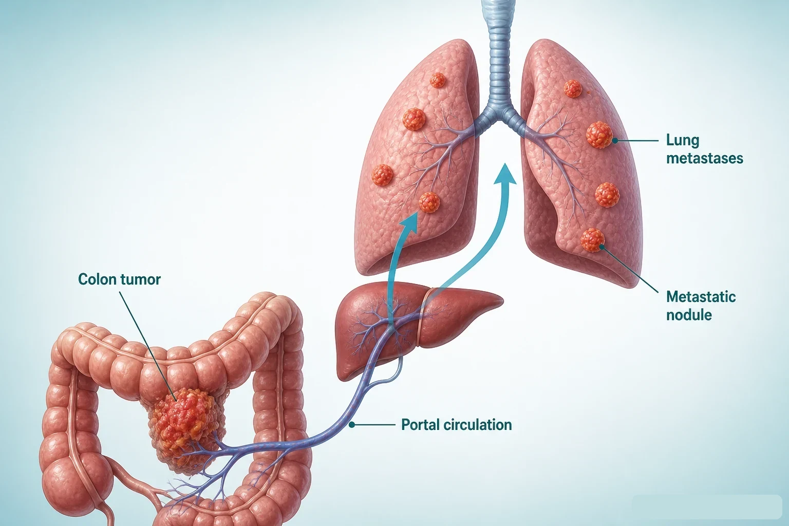 3D diagram: colon tumor spread via portal circulation to lung metastases
