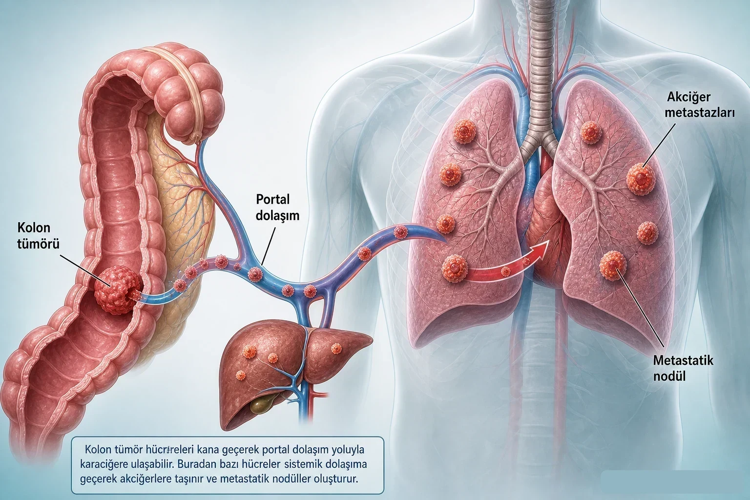 3D şema: kolon tümöründen portal dolaşım yoluyla akciğer metastazları