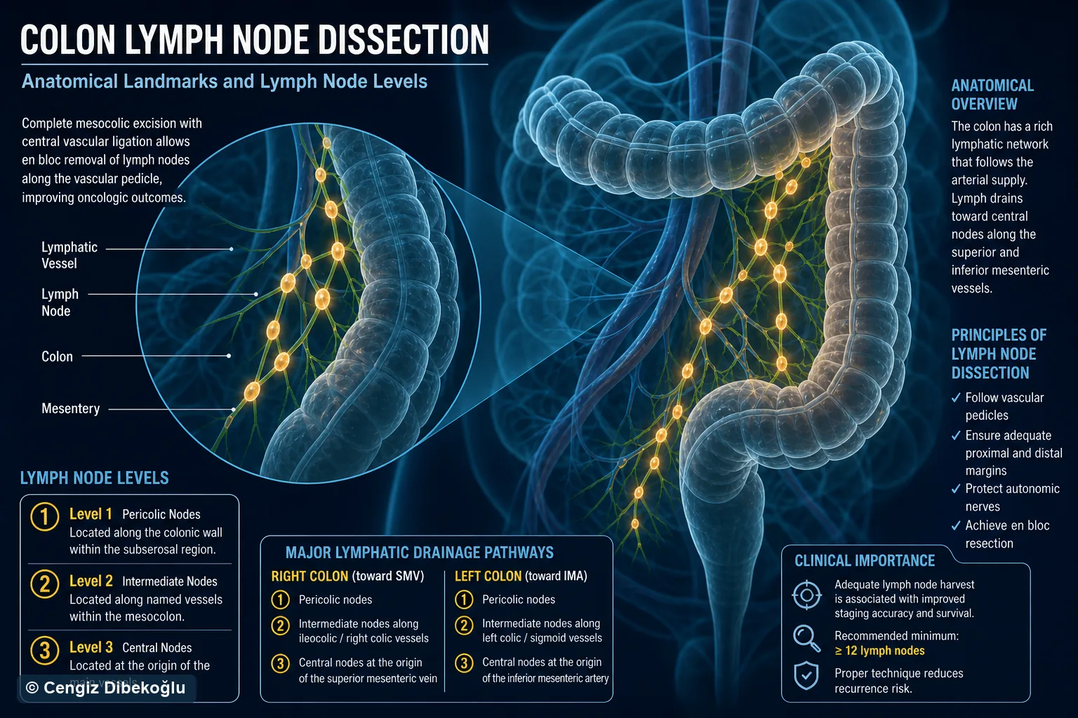 3D diagram: Oncologic clearance — colon lymph-node clearance