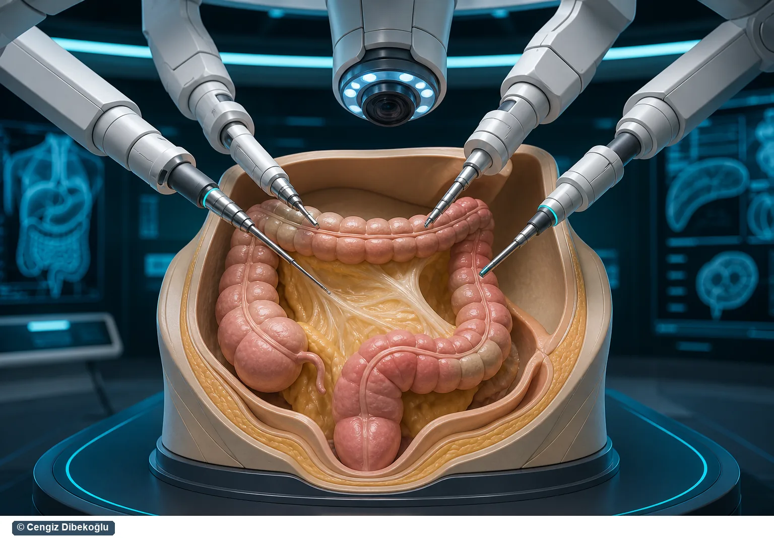 3D eğitim şeması: robotik kolon cerrahisi