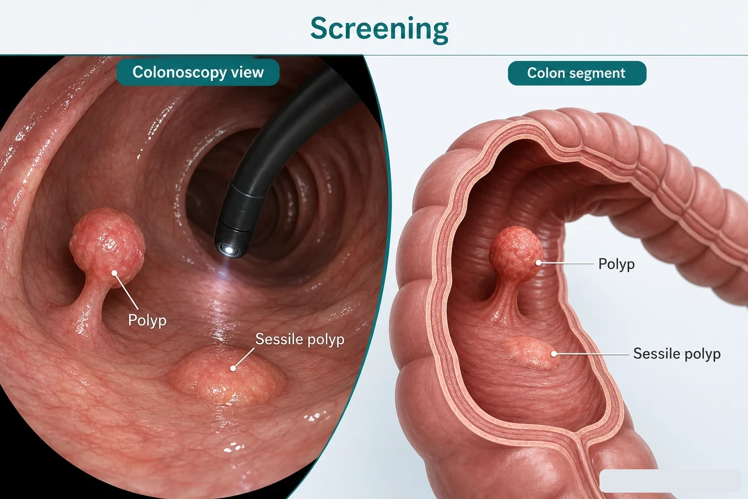 3D diagram: colonoscopy view and colon segment with polyps