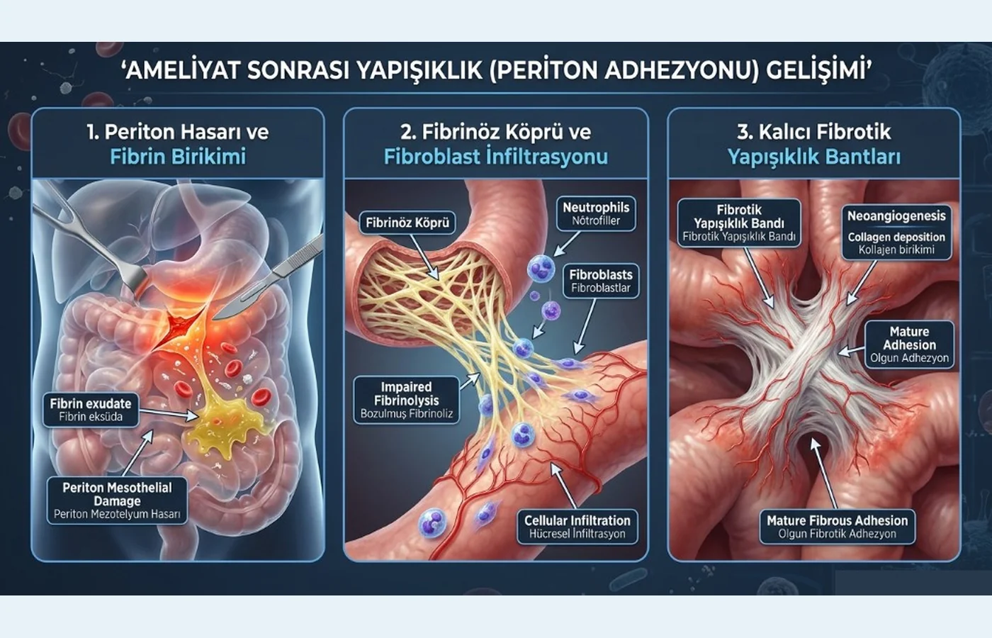 Şema: postoperatif adezyon — periton hasarı ve fibrin, fibrinöz köprü, kalıcı fibrotik yapışıklık bantları