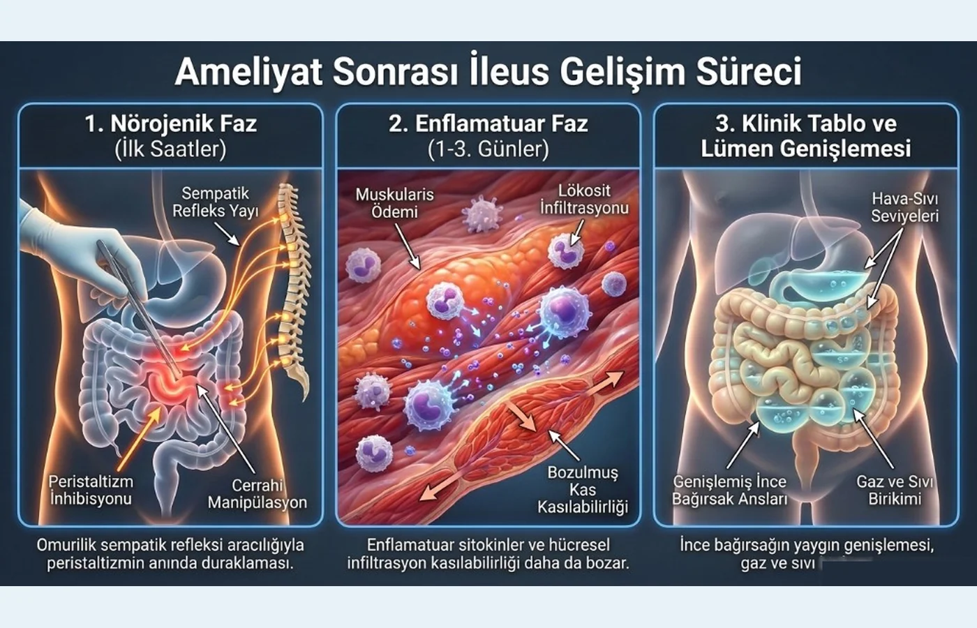 Şema: postoperatif ileus — nörojenik faz, enflamatuar faz, klinik tablo ve lümen genişlemesi