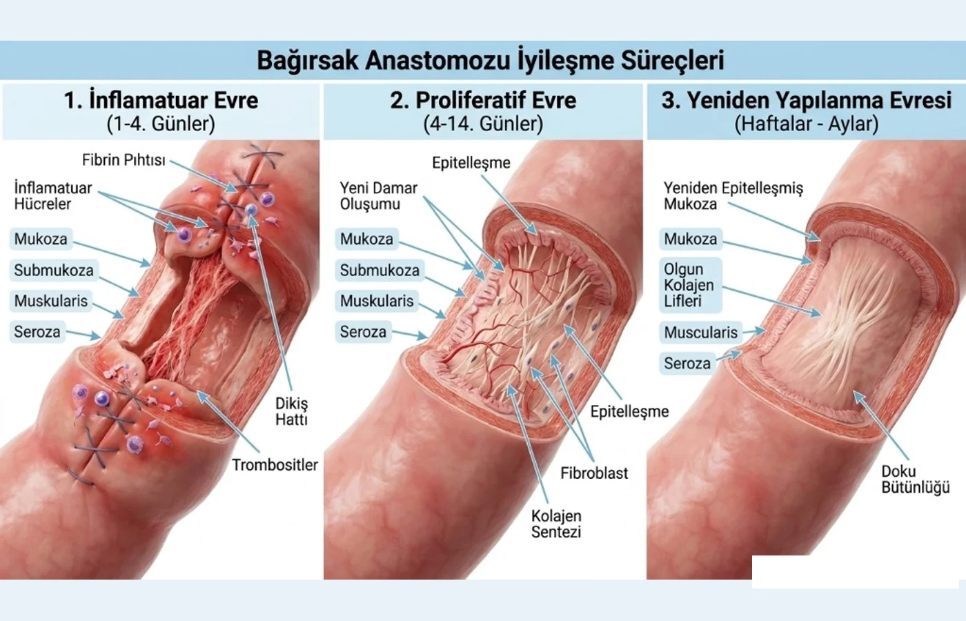 Şema: bağırsak anastomozu iyileşme evreleri — inflamatuar (1–4. gün), proliferatif (4–14. gün), yeniden yapılanma (haftalar–aylar)