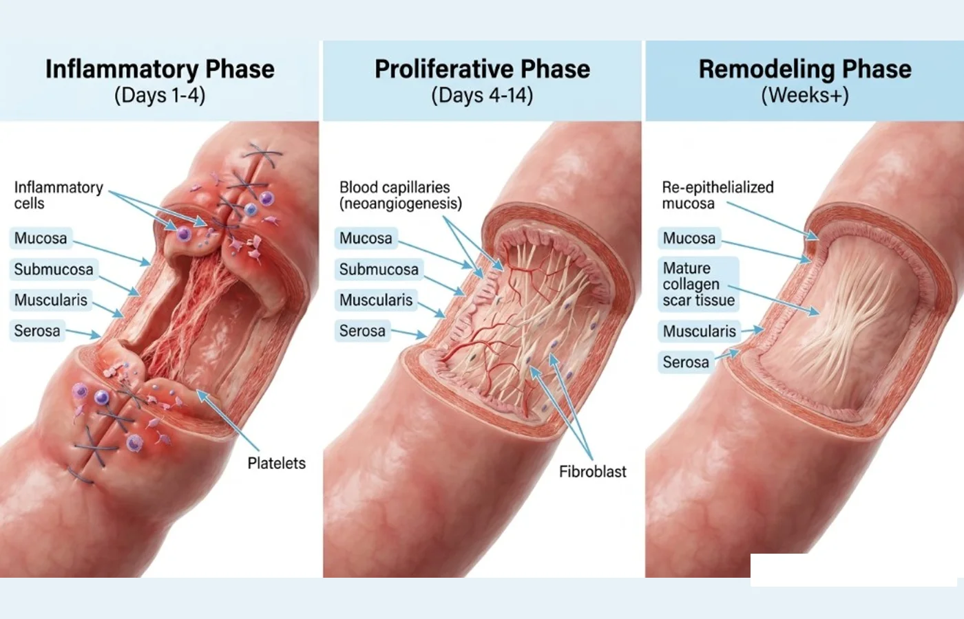 Schema: bowel anastomosis healing phases — inflammatory (days 1–4), proliferative (days 4–14), remodeling (weeks+)