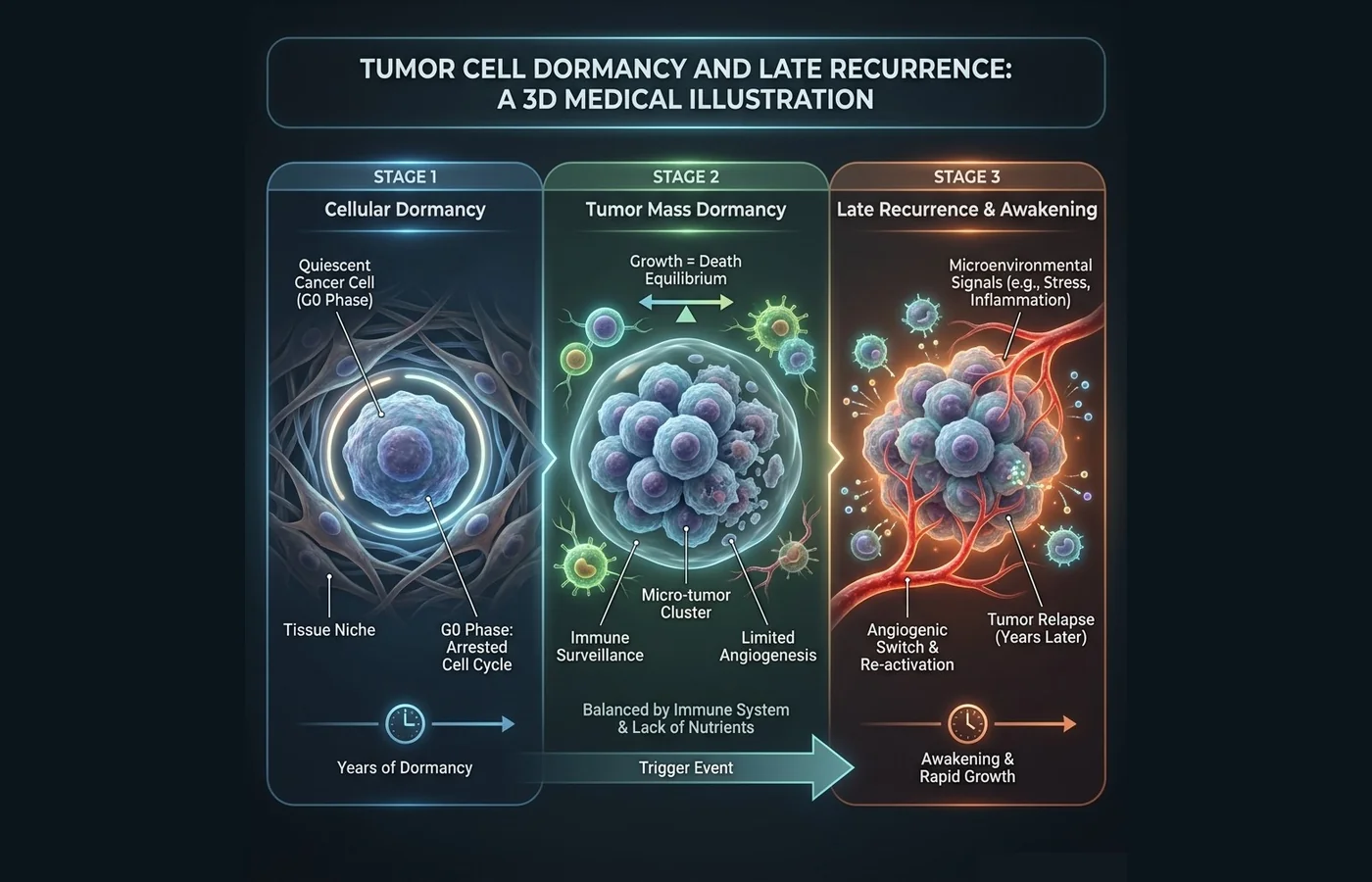 Schema: cellular dormancy (G0), tumor mass dormancy, late recurrence and awakening