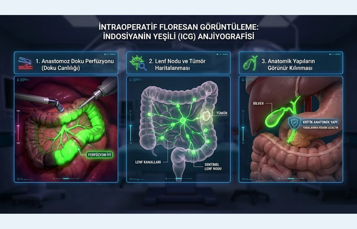 Şema: ICG anjiyografi — anastomoz perfüzyonu, lenf/tümör haritası, kritik anatomik yapıların görünürlüğü