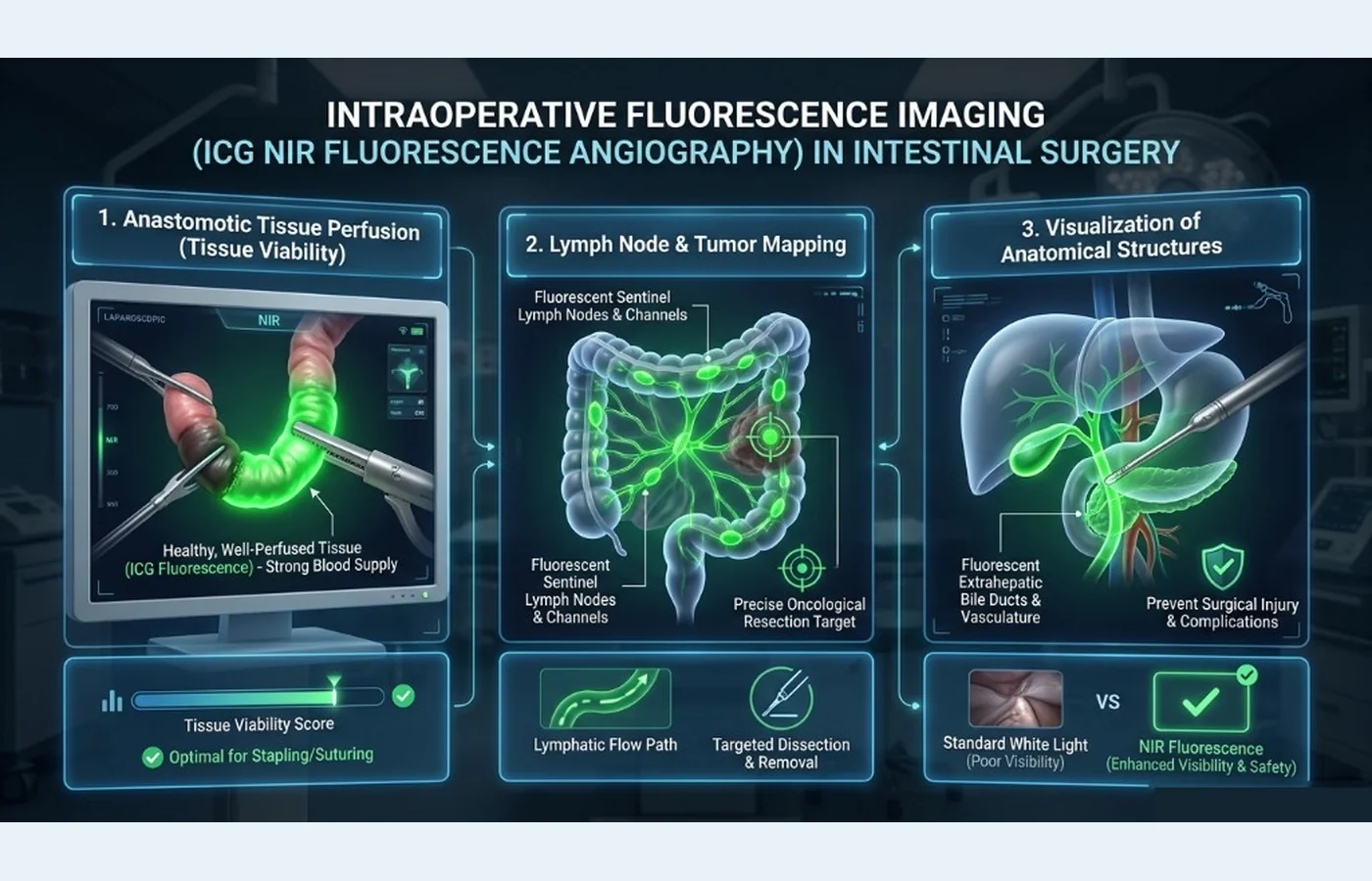 Schema: ICG angiography — anastomotic tissue perfusion, lymph/tumor mapping, critical anatomy visualization