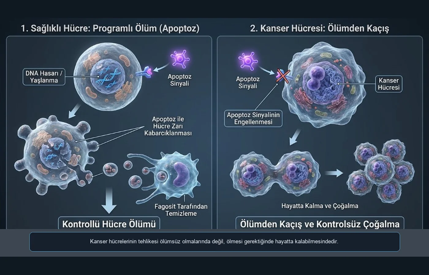 Şema: sağlıklı hücrede apoptoz (kabarcıklanma, fagosit temizliği) vs kanserde sinyal engeli ve çoğalma