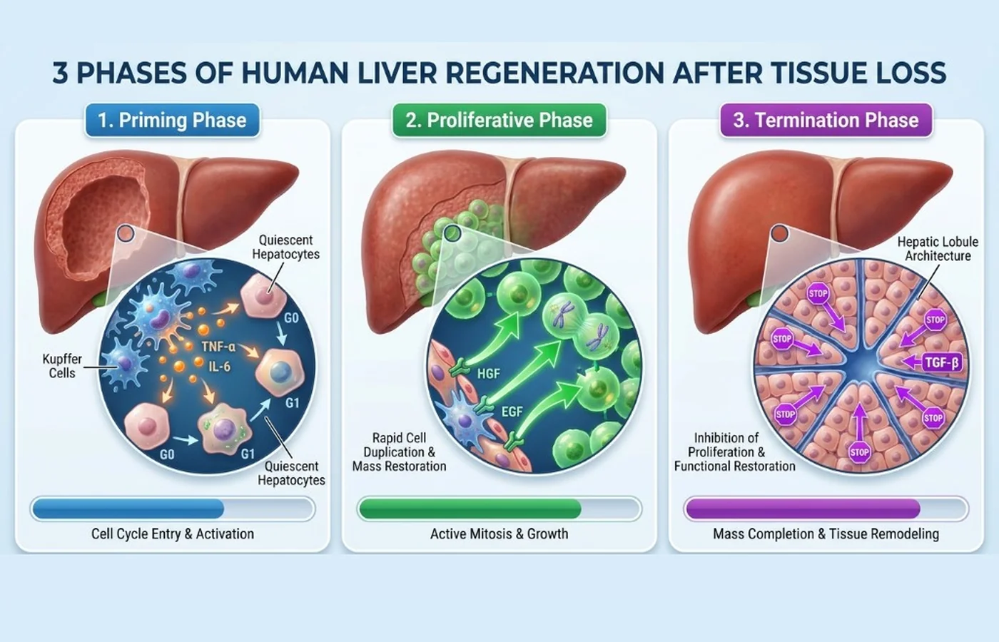 Schema: liver regeneration — priming (TNF-α/IL-6), proliferation (HGF/EGF), termination (TGF-β)