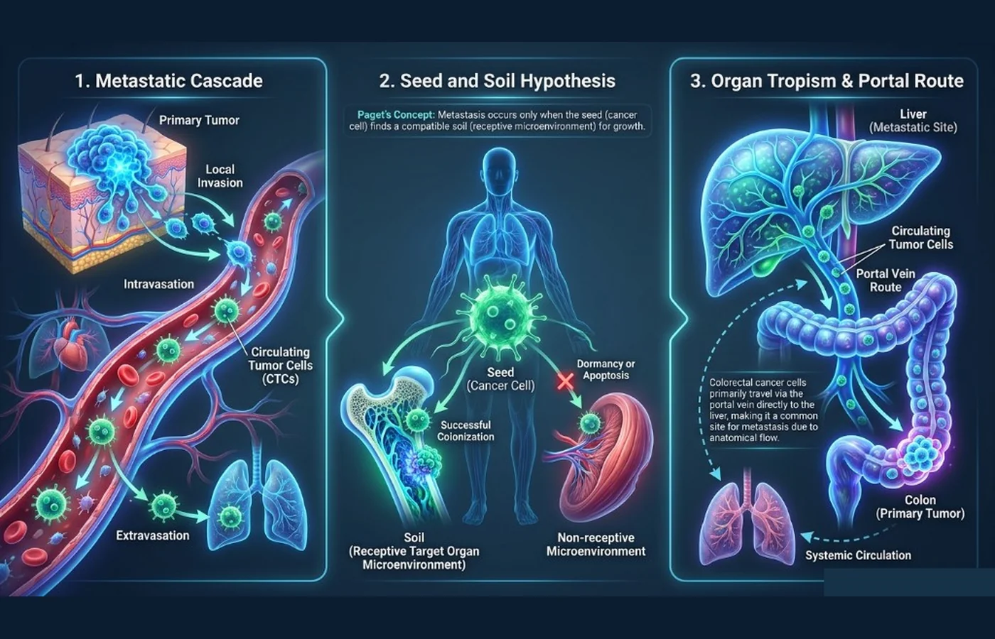 Schema: metastatic cascade, seed–soil hypothesis, colon–liver portal vein route