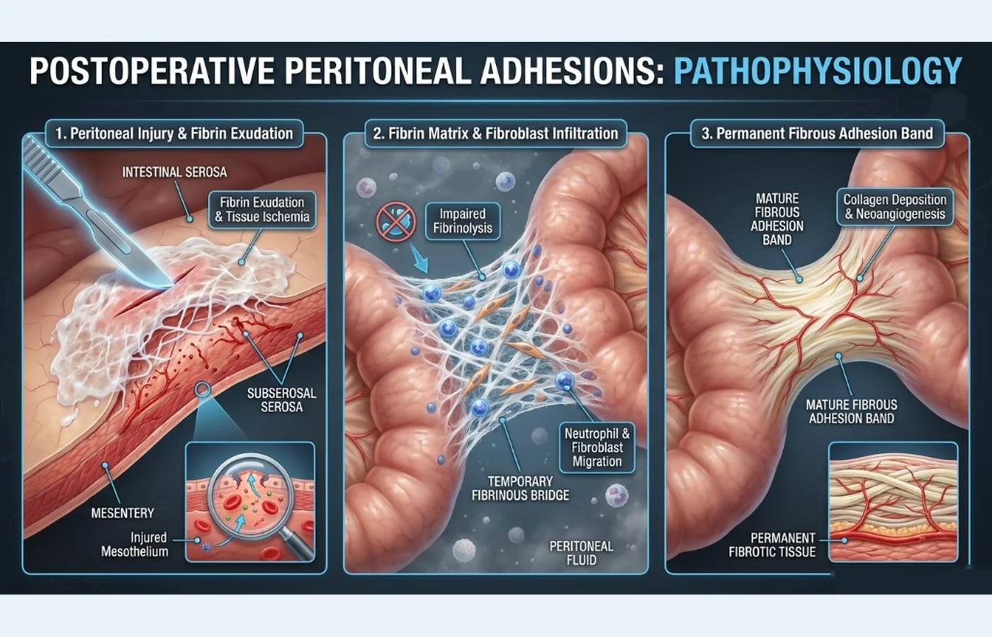 Schema: postoperative adhesions — peritoneal injury and fibrin, fibrinous bridge, permanent fibrotic adhesion band