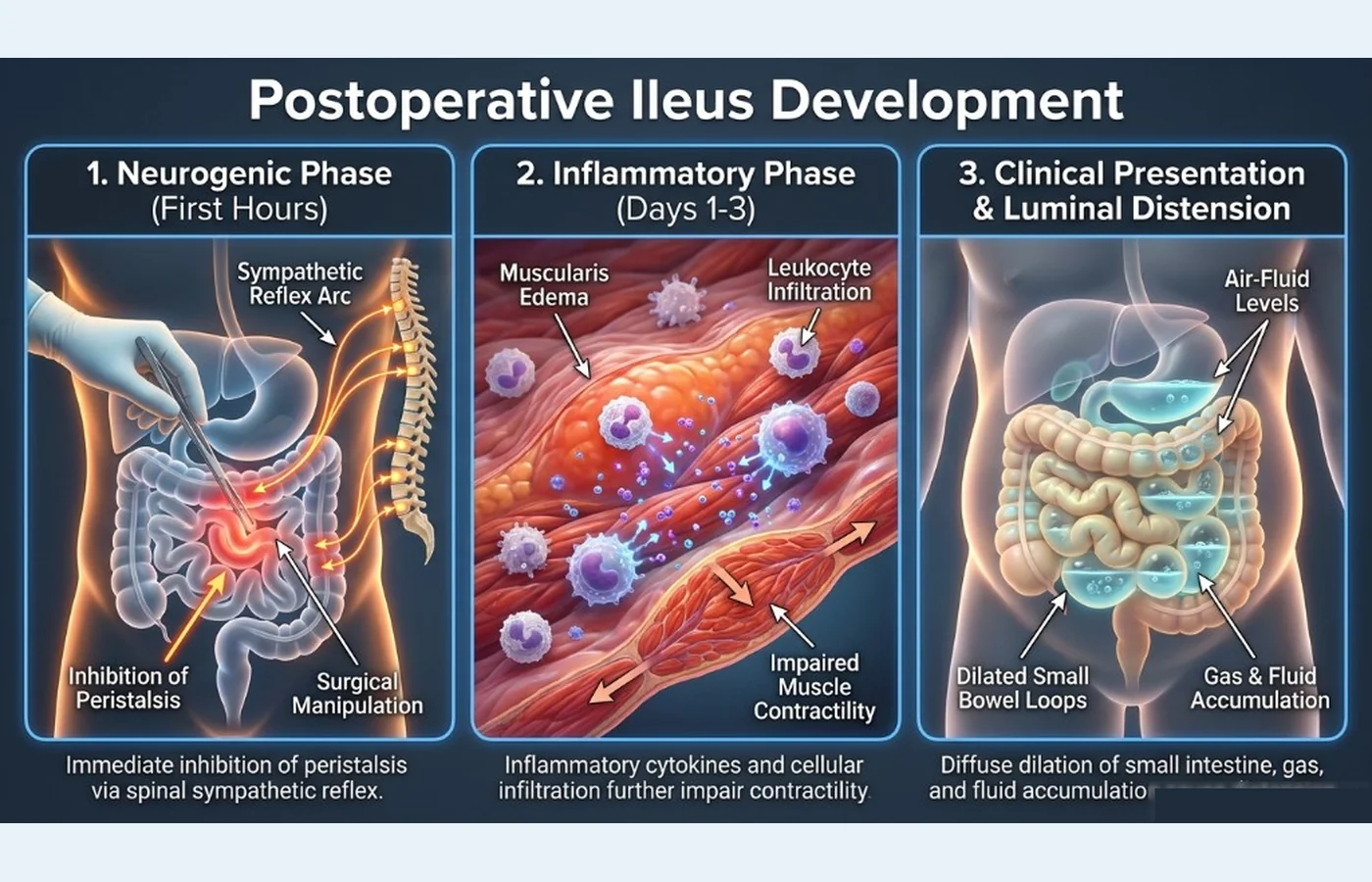 Schema: postoperative ileus — neurogenic phase, inflammatory phase, clinical presentation and luminal distension