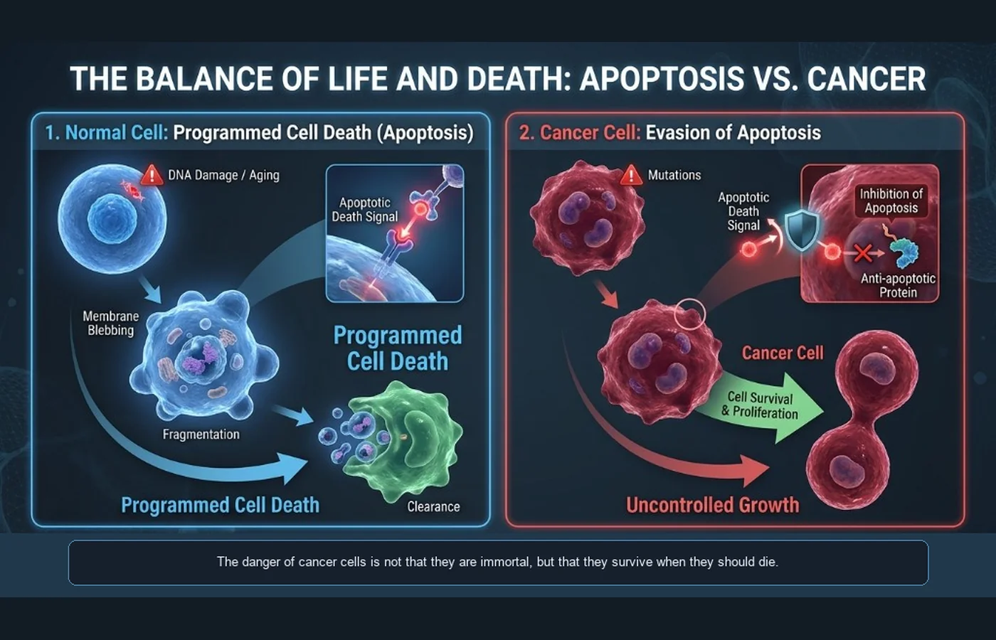 Schema: healthy-cell apoptosis (blebbing, phagocyte clearance) vs cancer-cell signal block and proliferation